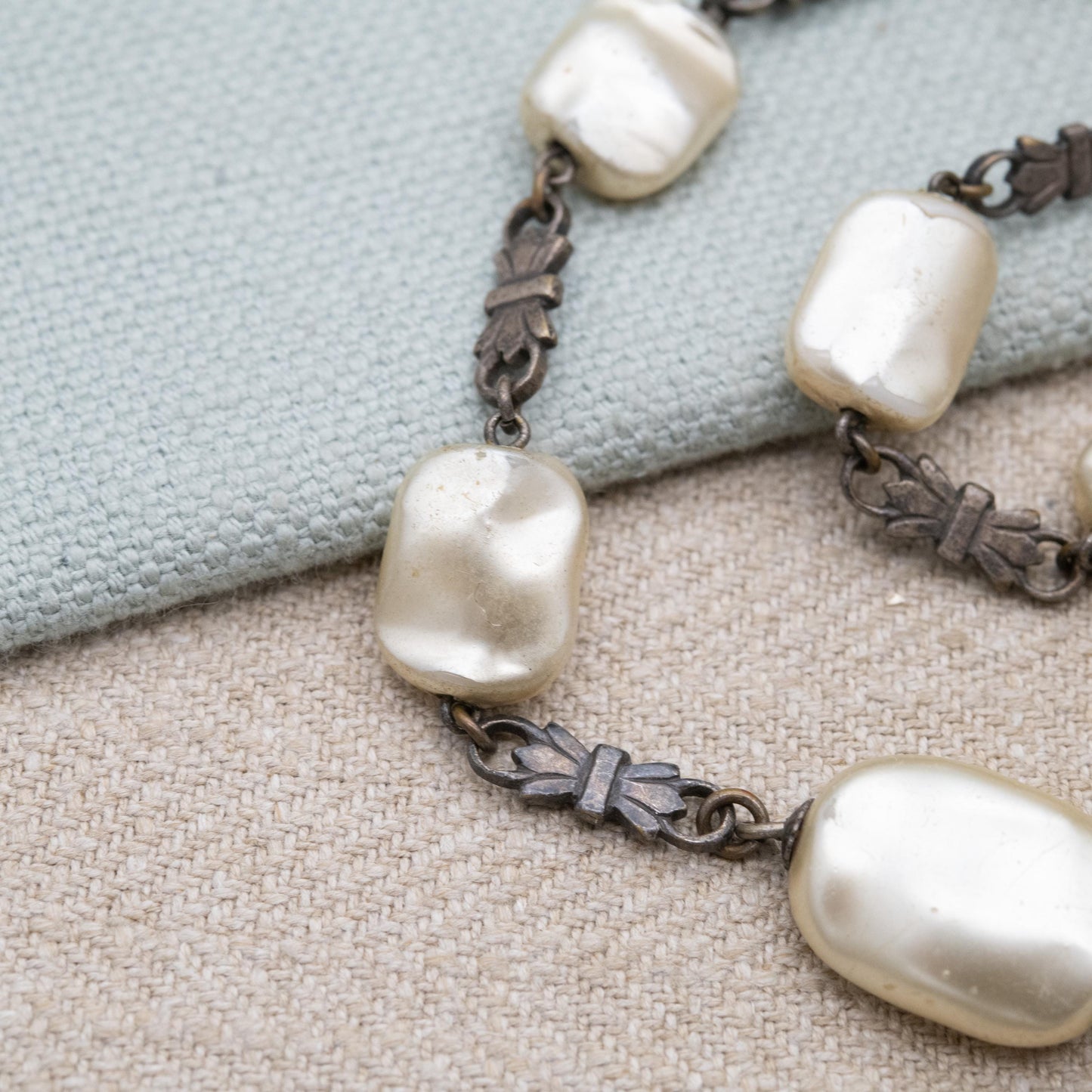 Vintage Silver Faux Pearl Necklace with Bow Spacers c. 1930s - Large Graduating Keshi Baroque Pearl Style Beads