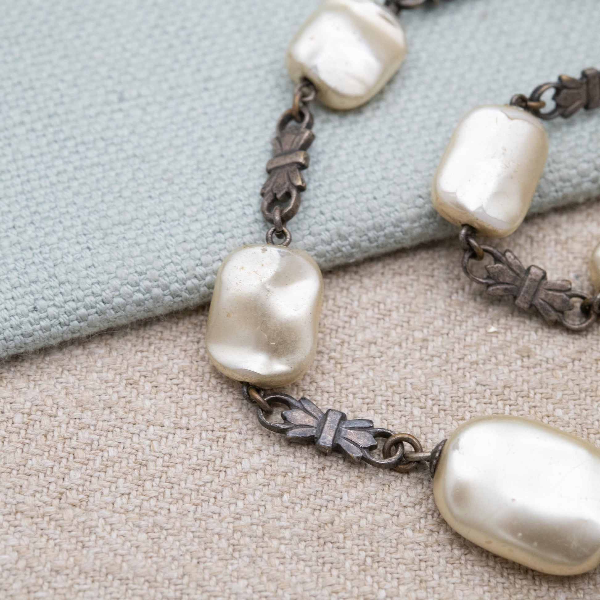 Vintage Silver Faux Pearl Necklace with Bow Spacers c. 1930s - Large Graduating Keshi Baroque Pearl Style Beads