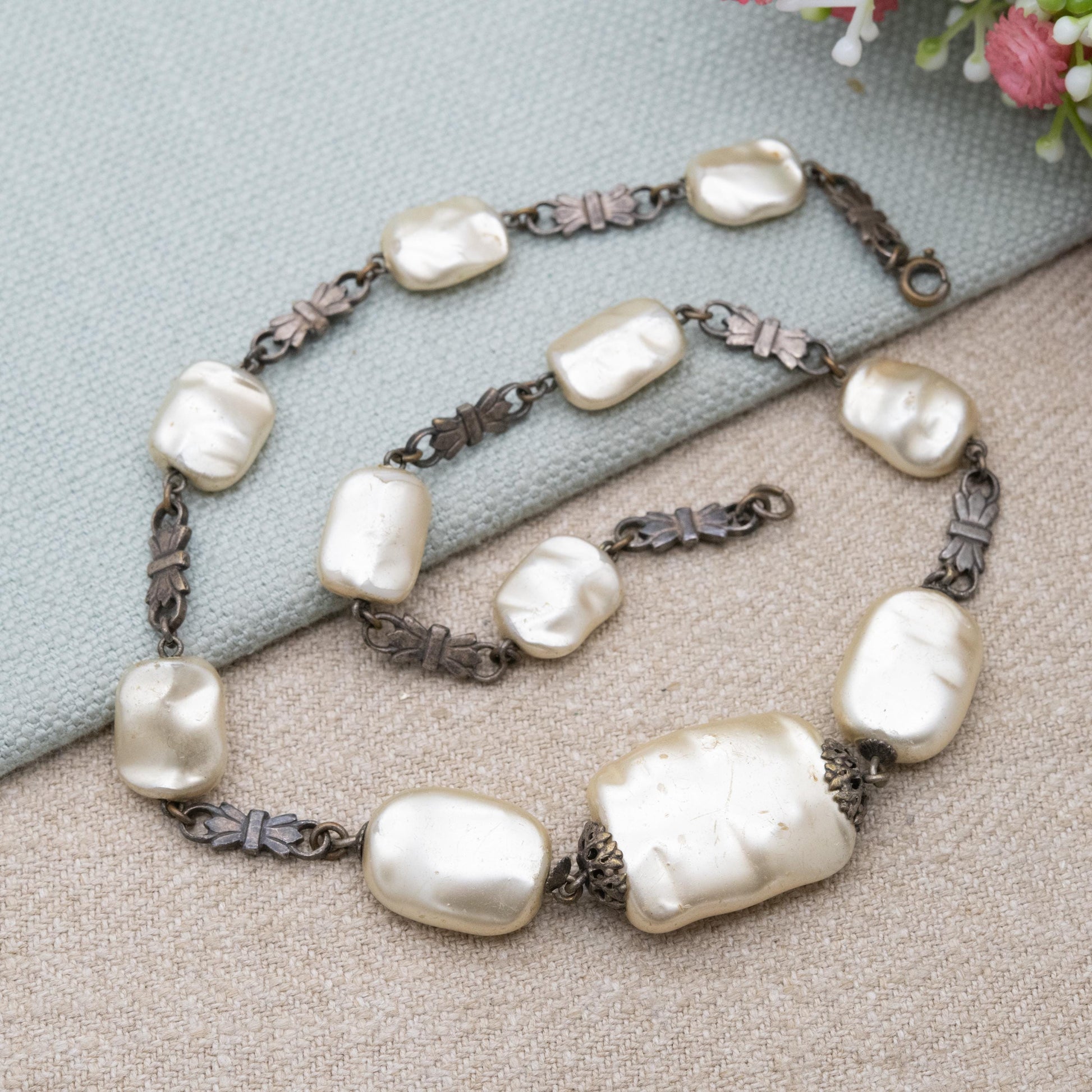 Vintage Silver Faux Pearl Necklace with Bow Spacers c. 1930s - Large Graduating Keshi Baroque Pearl Style Beads