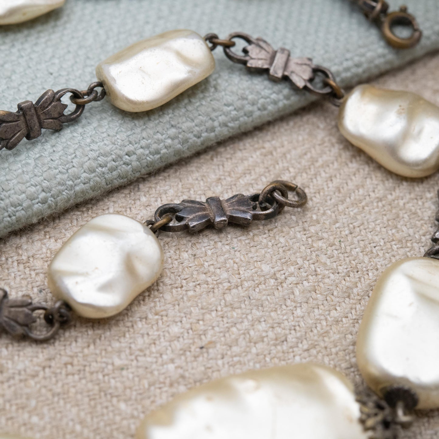 Vintage Silver Faux Pearl Necklace with Bow Spacers c. 1930s - Large Graduating Keshi Baroque Pearl Style Beads