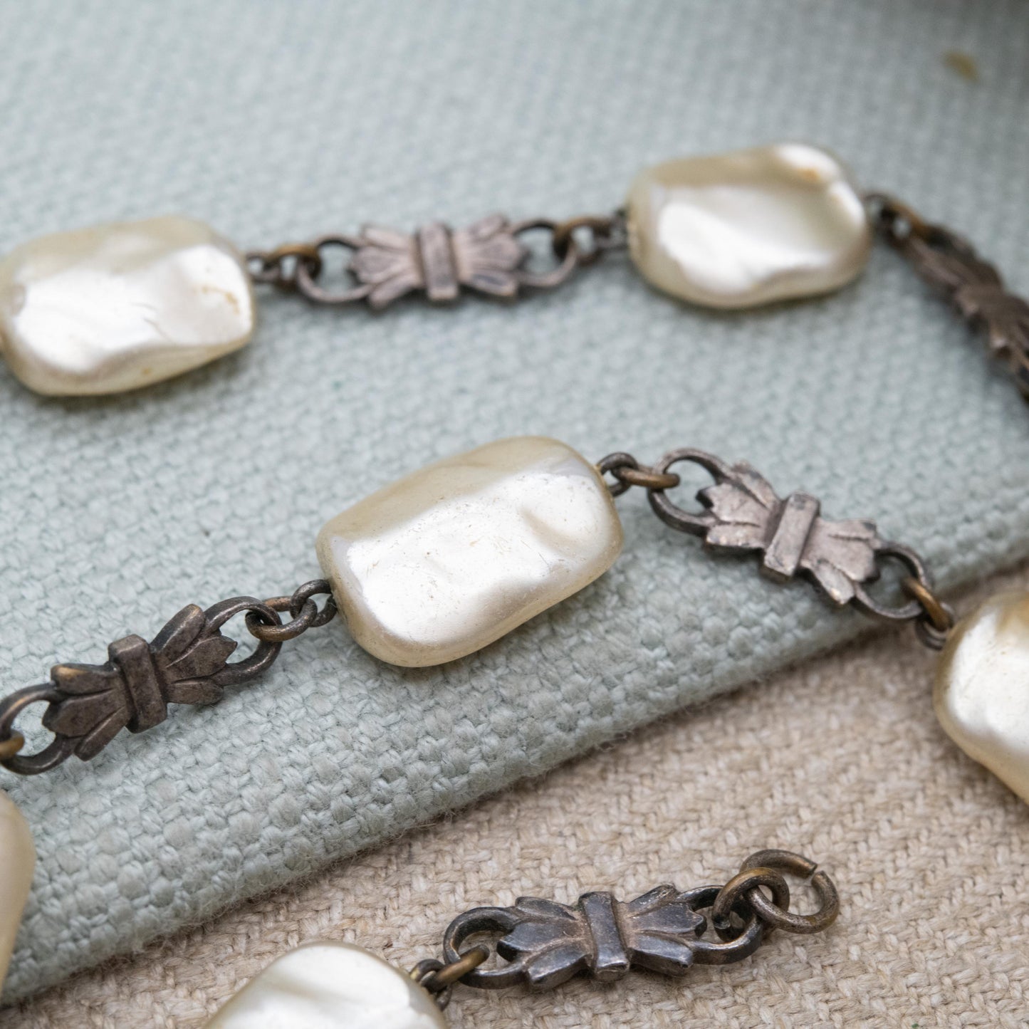 Vintage Silver Faux Pearl Necklace with Bow Spacers c. 1930s - Large Graduating Keshi Baroque Pearl Style Beads