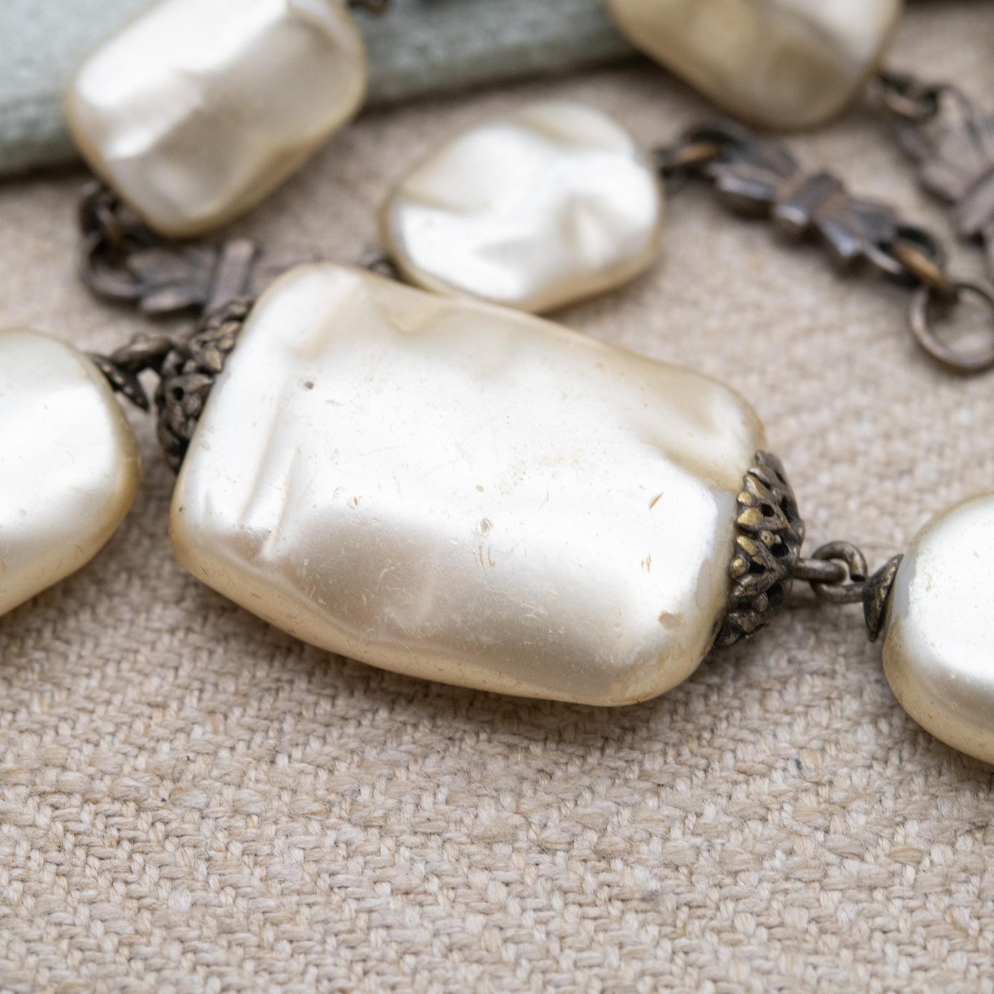 Vintage Silver Faux Pearl Necklace with Bow Spacers c. 1930s - Large Graduating Keshi Baroque Pearl Style Beads