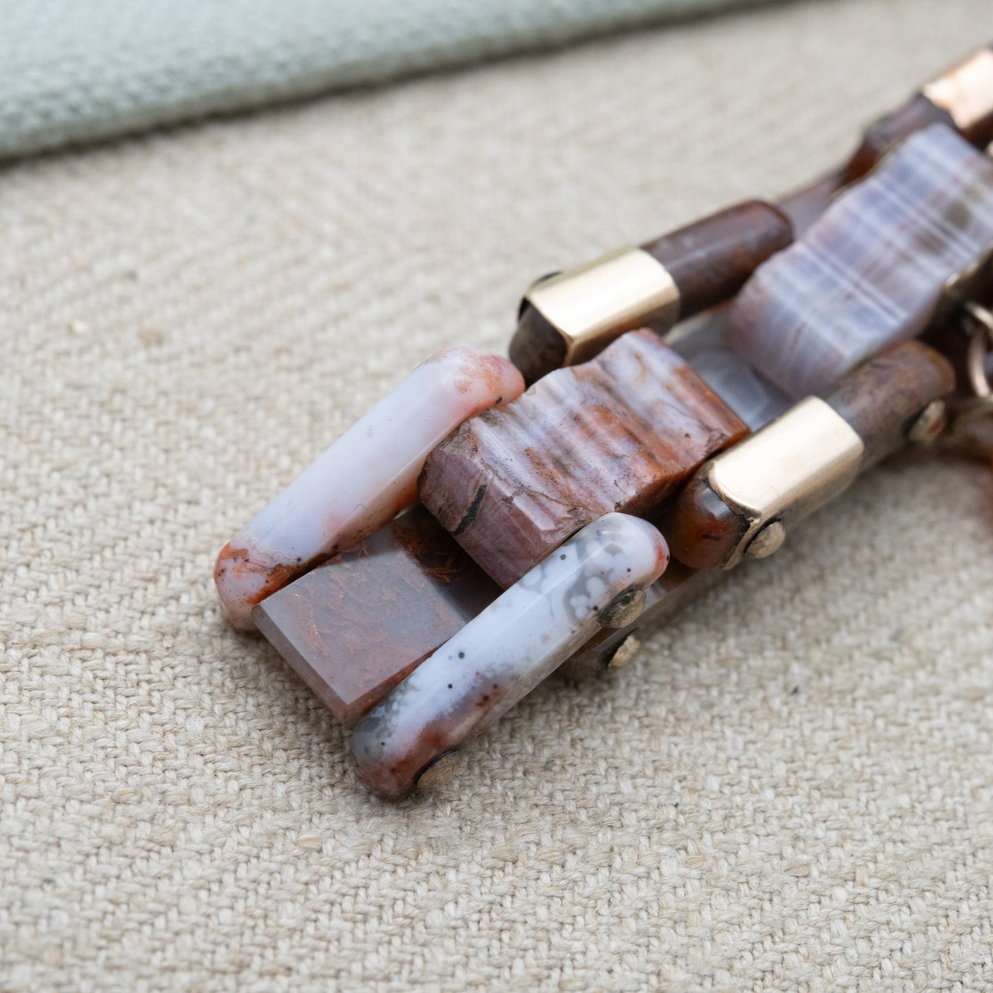 Antique Victorian Scottish Agate Bracelet with Gold Accents and Carved Heart Charm