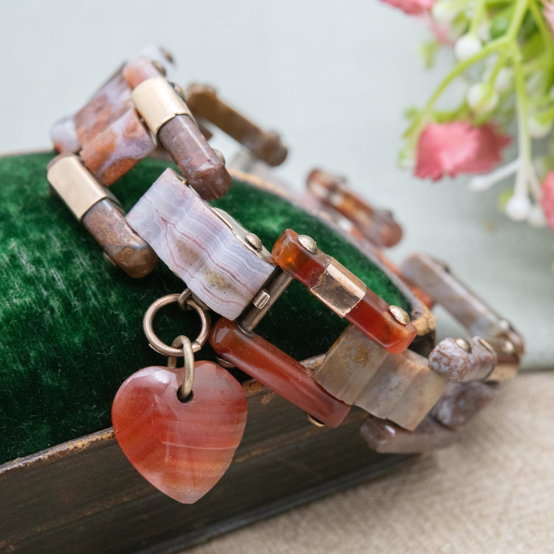 Antique Victorian Scottish Agate Bracelet with Gold Accents and Carved Heart Charm