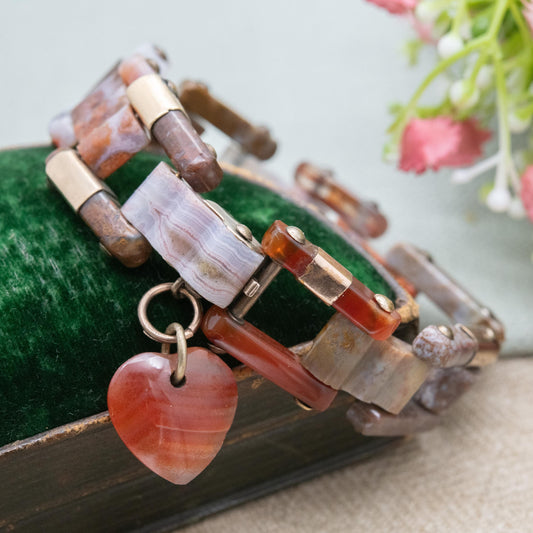 Antique Victorian Scottish Agate Bracelet with Gold Accents and Carved Heart Charm