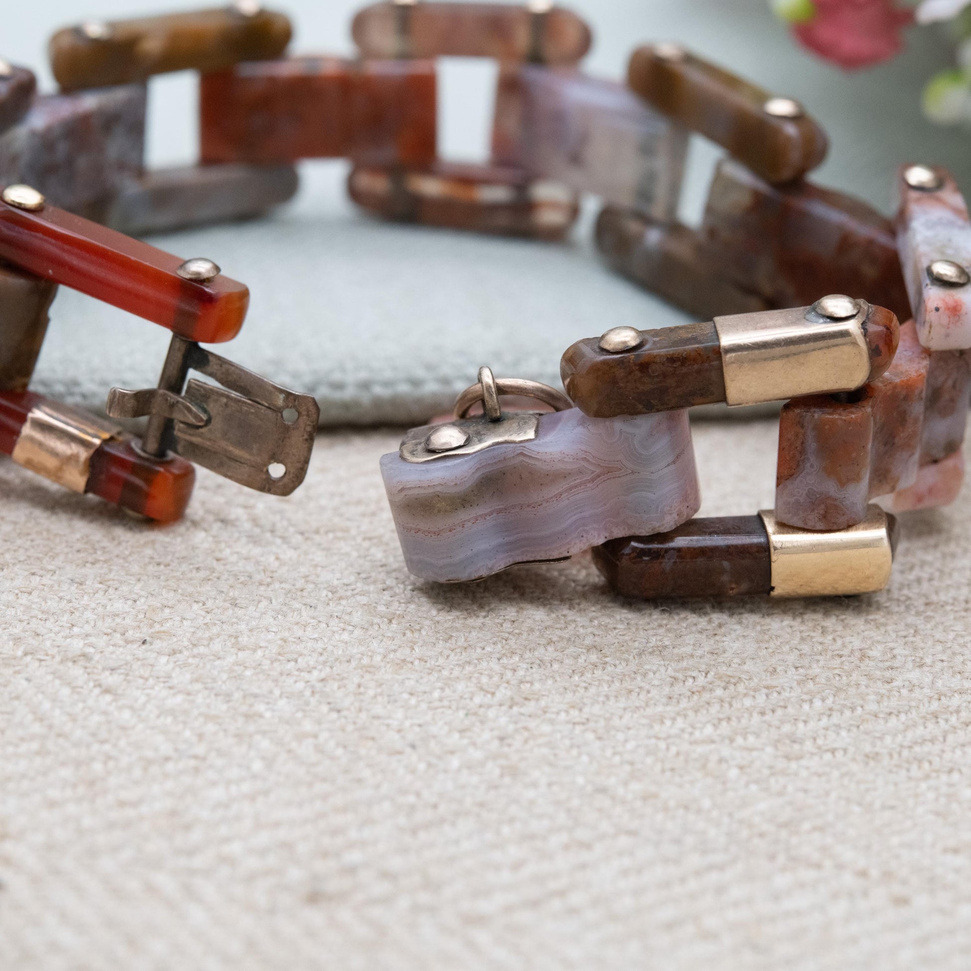 Antique Victorian Scottish Agate Bracelet with Gold Accents and Carved Heart Charm