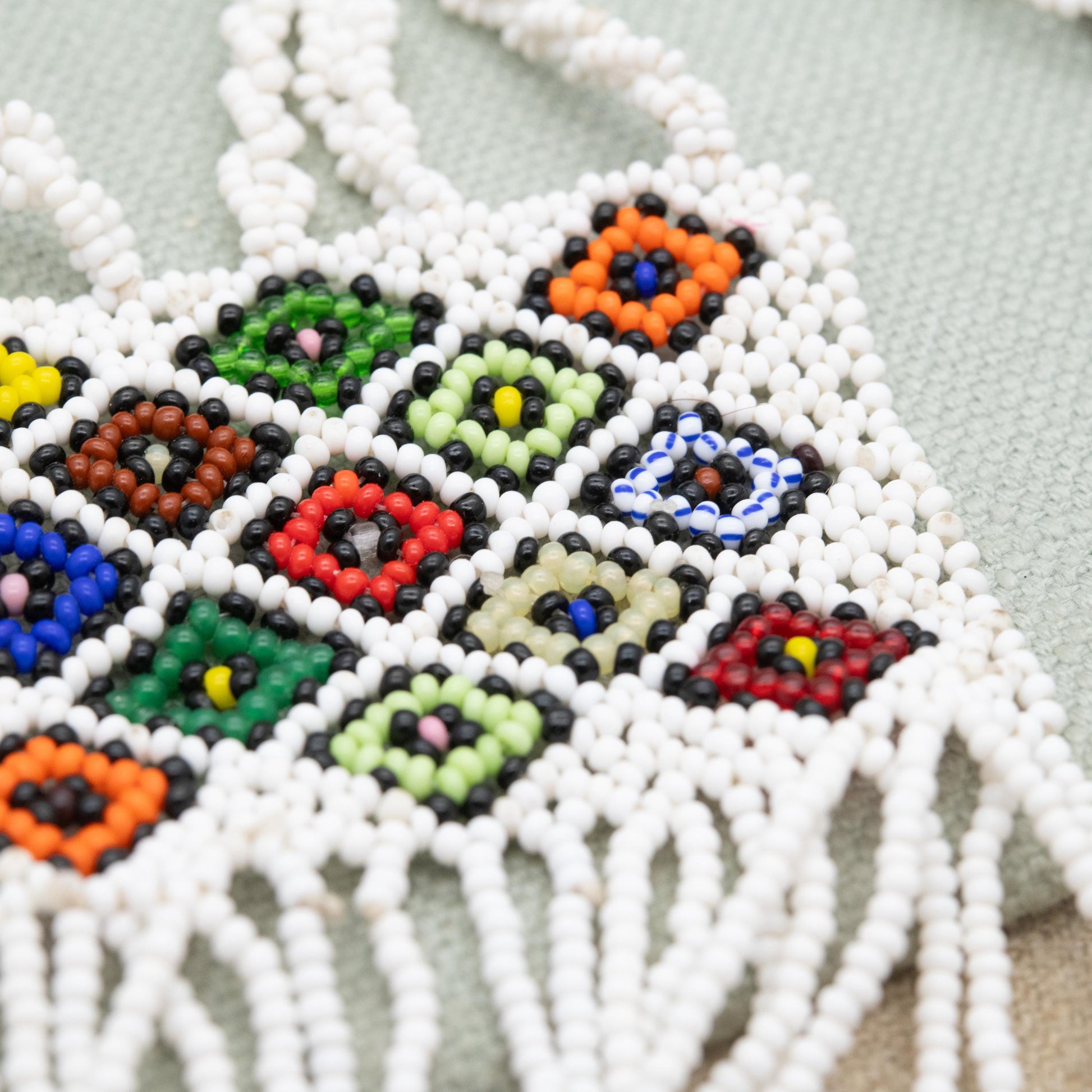 Vintage Glass Seed Bead Necklace with Long Tassel Drop - White and Colourful Beads