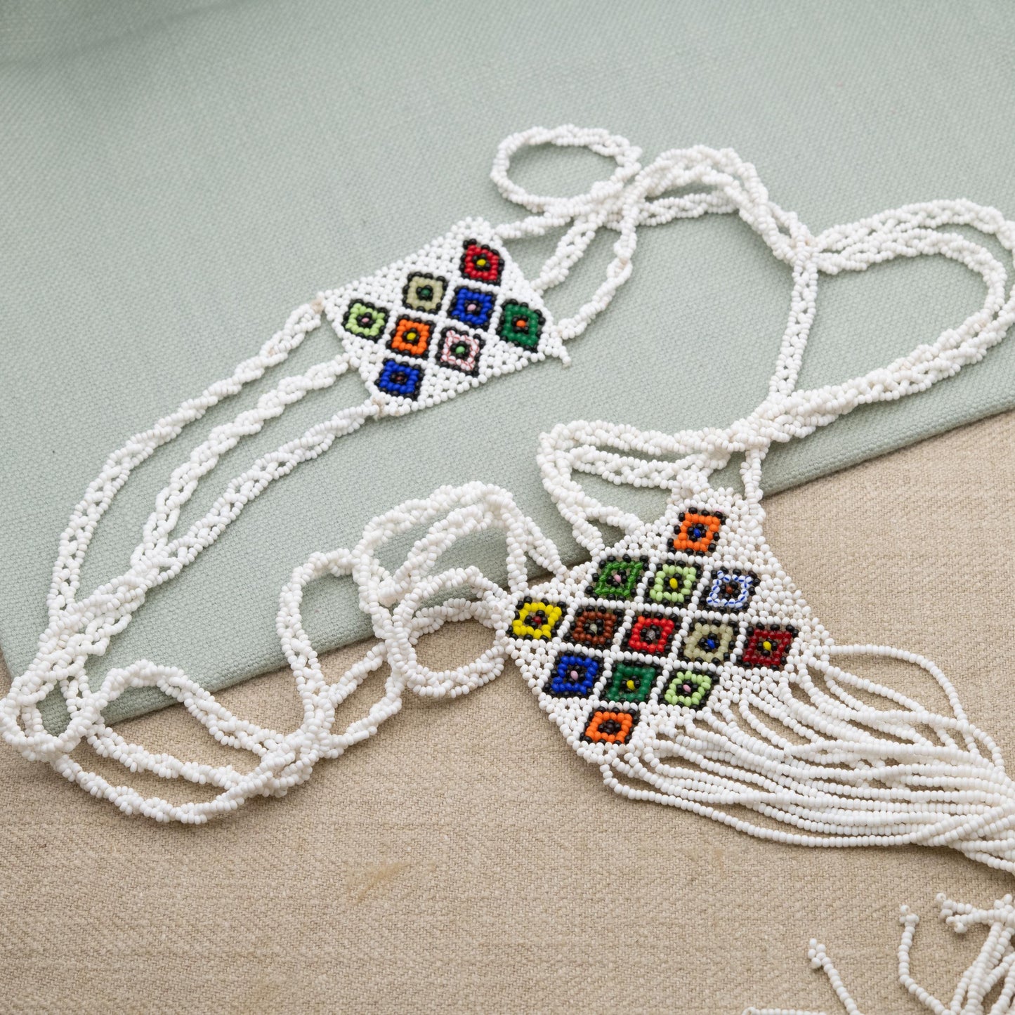 Vintage Glass Seed Bead Necklace with Long Tassel Drop - White and Colourful Beads