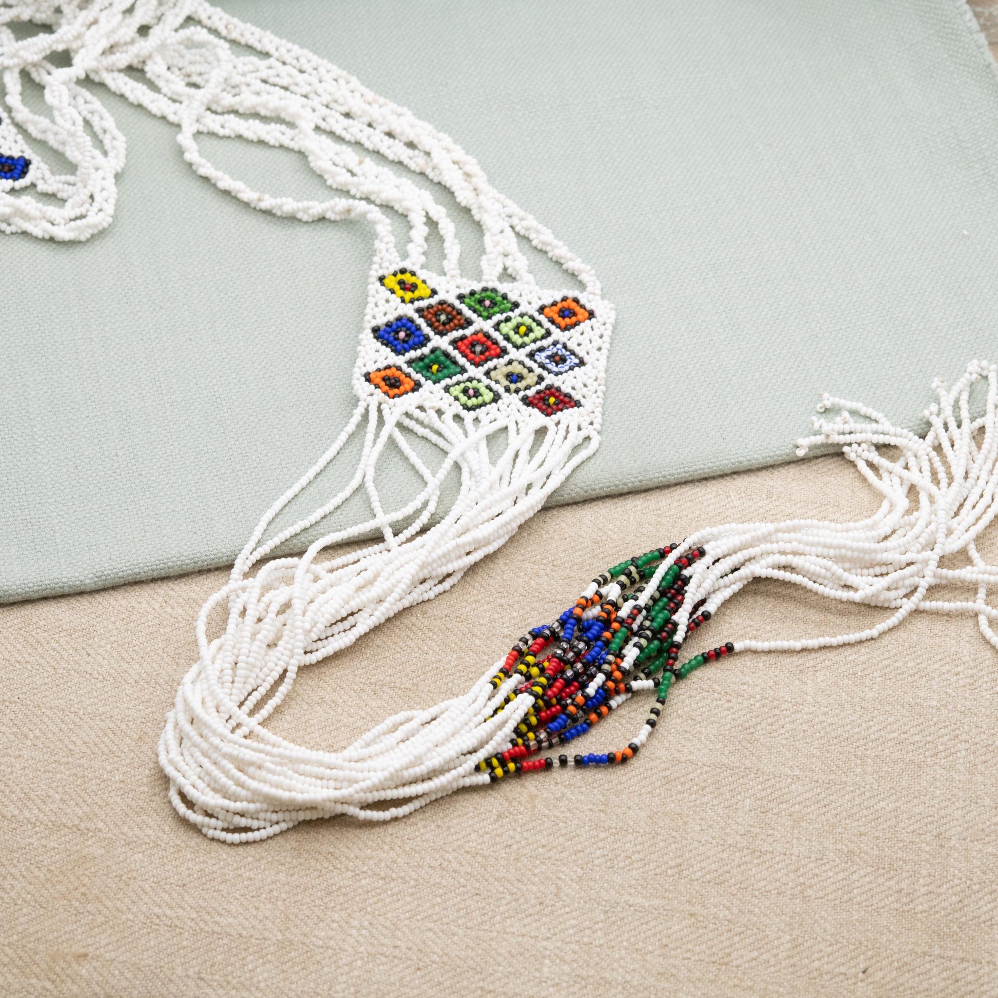 Vintage Glass Seed Bead Necklace with Long Tassel Drop - White and Colourful Beads