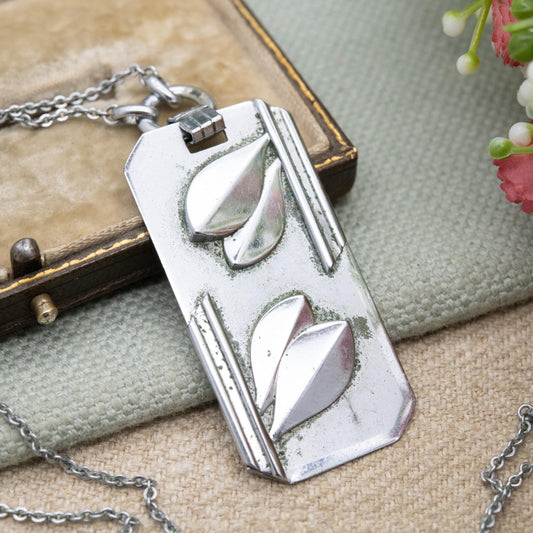 Vintage Art Deco Chrome Pendant Necklace c. 1930s with Modernist Leaf Design