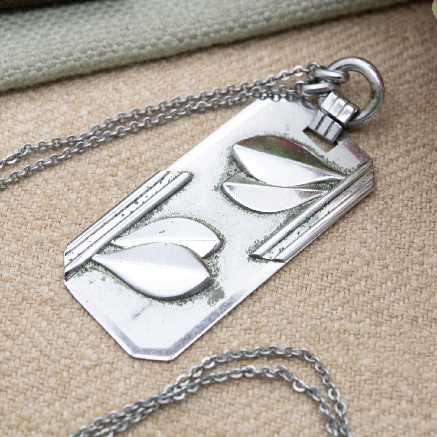Vintage Art Deco Chrome Pendant Necklace c. 1930s with Modernist Leaf Design