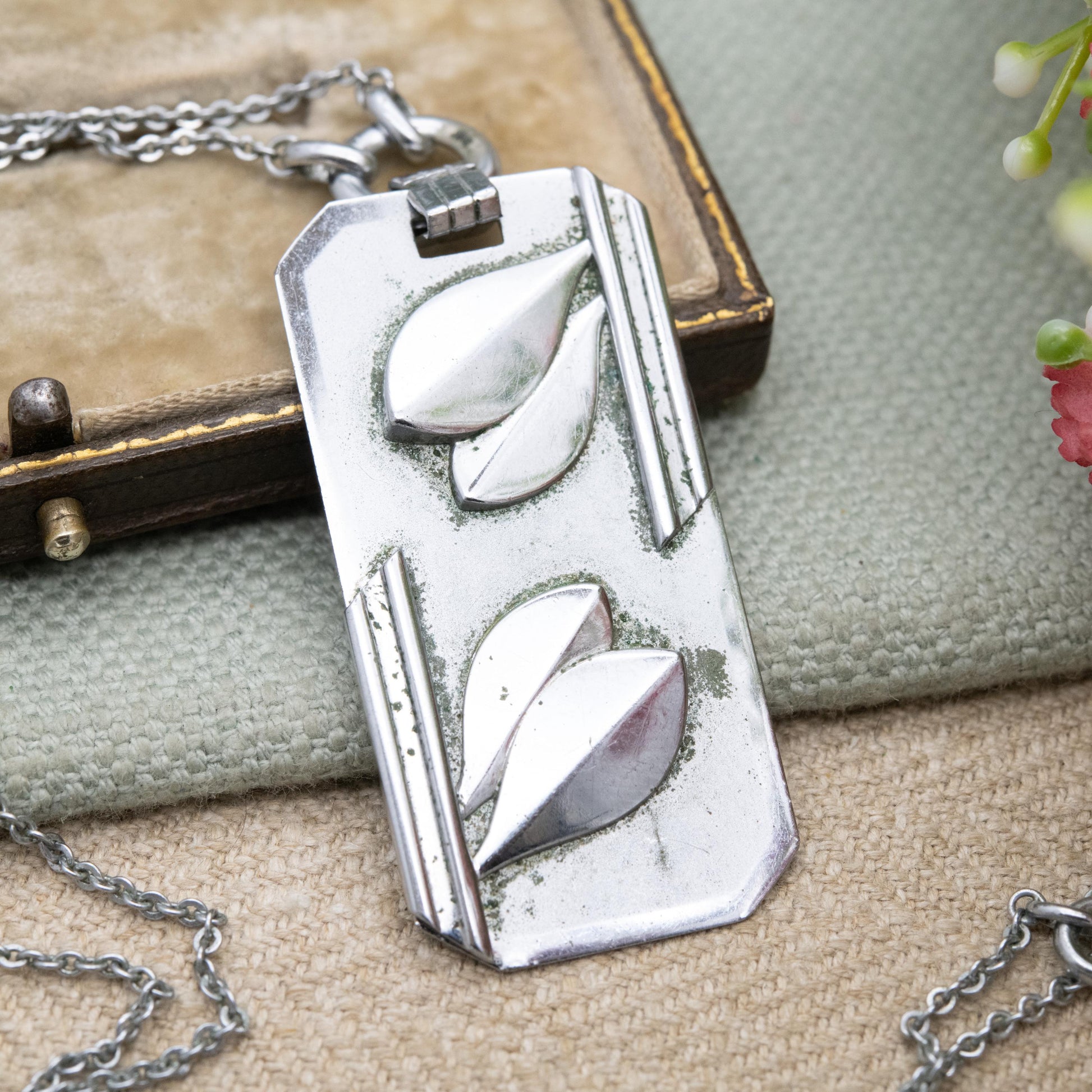 Vintage Art Deco Chrome Pendant Necklace c. 1930s with Modernist Leaf Design