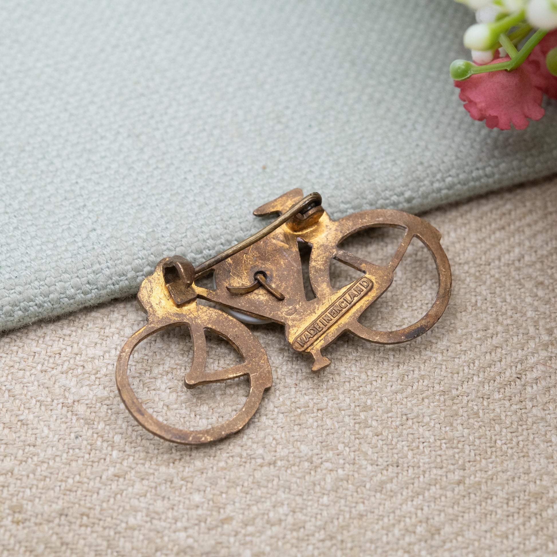 Antique Bicycle Brooch with Mother of Pearl Shamrock c. 1920s Made in England