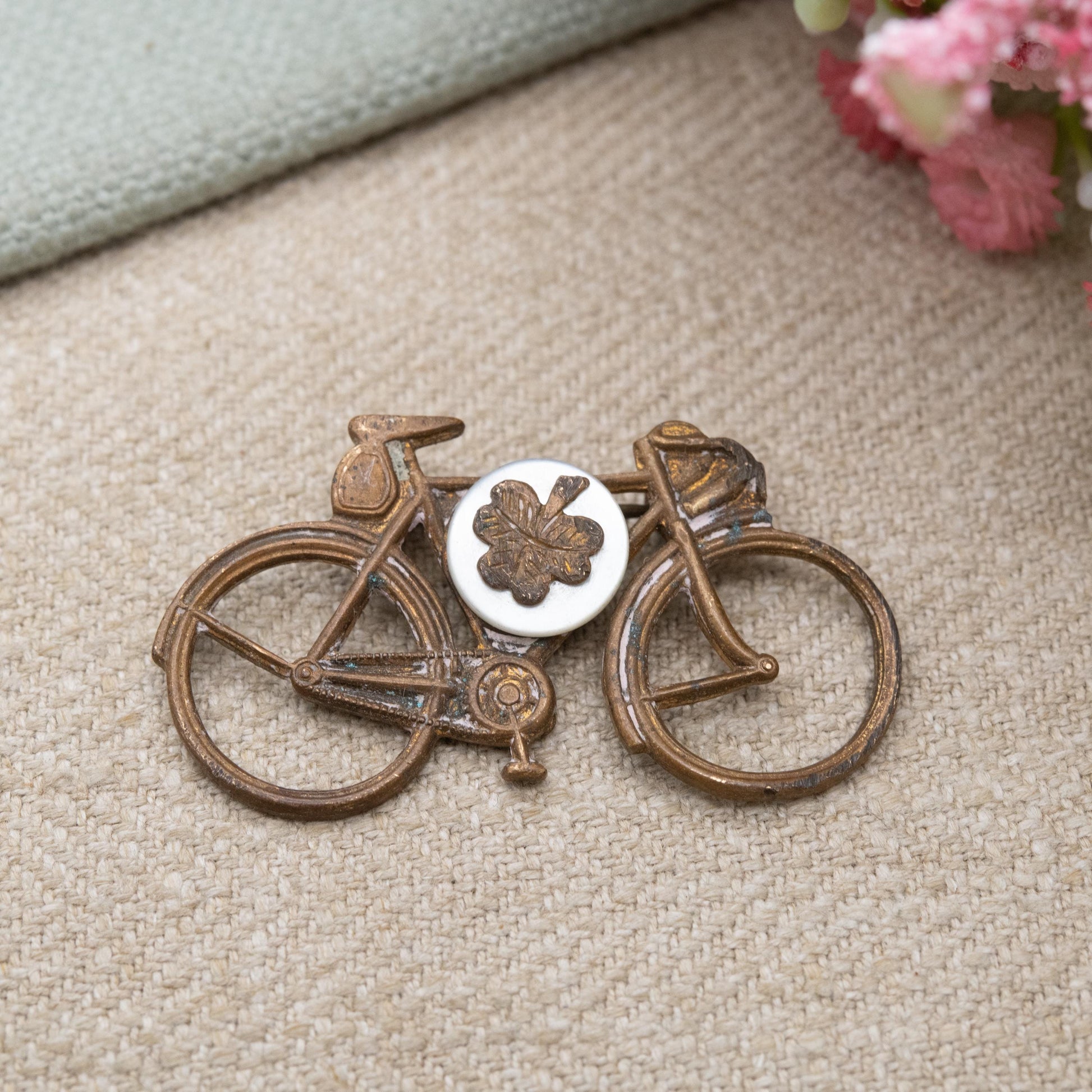 Antique Bicycle Brooch with Mother of Pearl Shamrock c. 1920s Made in England