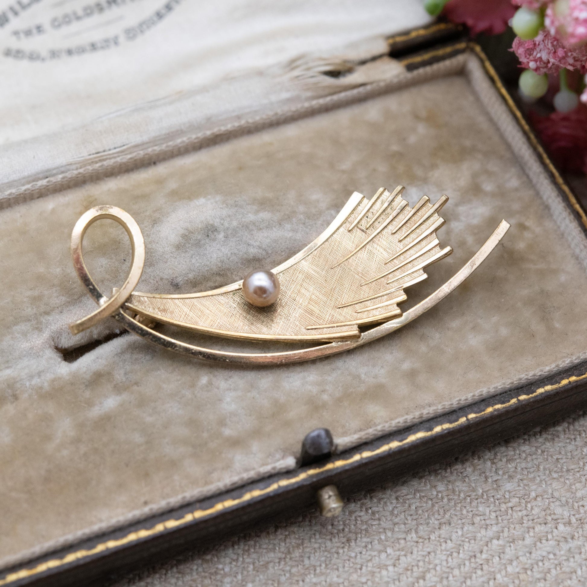 Vintage Rolled Gold Faux Pearl Brooch c. 1960s Mid-Century Modernist