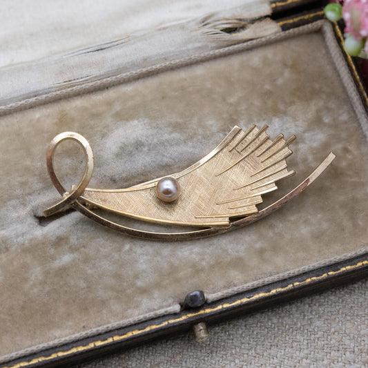 Vintage Rolled Gold Faux Pearl Brooch c. 1960s Mid-Century Modernist