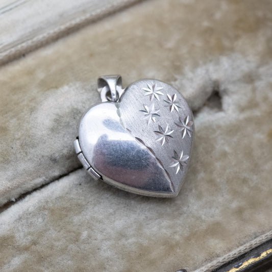 Vintage Sterling Silver Heart Locket Pendant with Diamond Cut Star Design