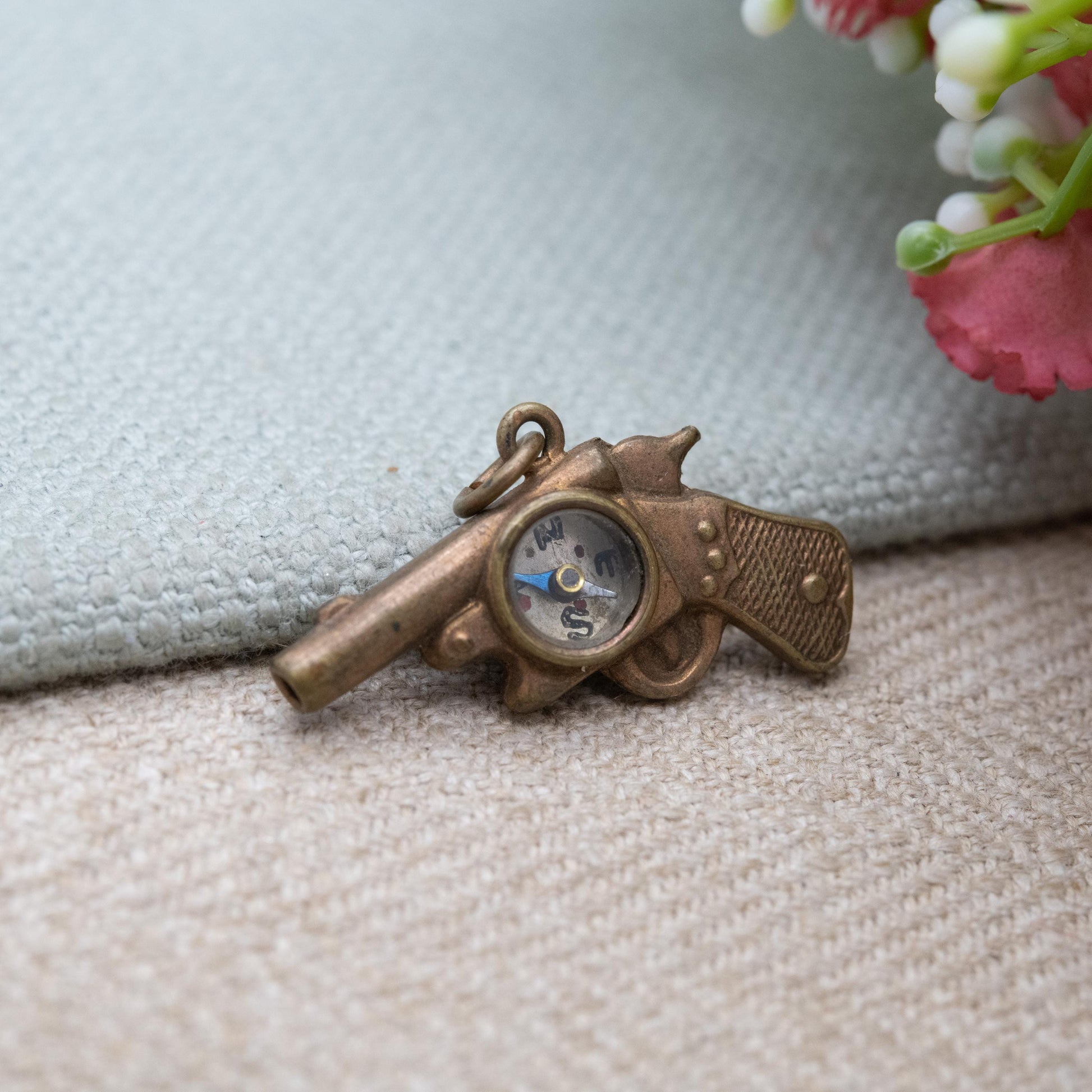 Antique Compass Revolver Charm Pendant c. 1910s - Novelty Miniature Working Instrument Jewellery Unusual Gift for Traveller