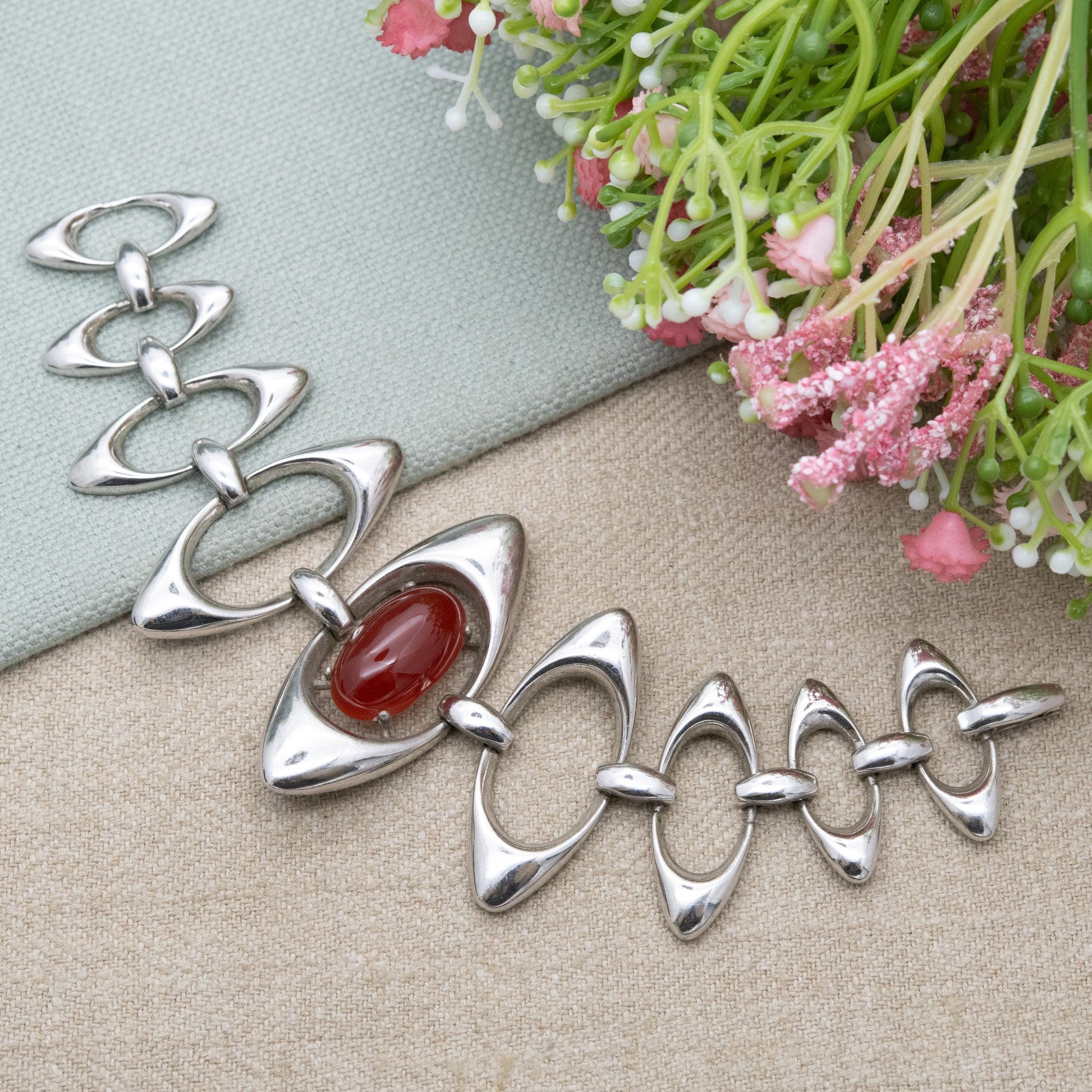 Vintage Spanish Silver Modernist Open Panel Bracelet with Cabochon Red Stone