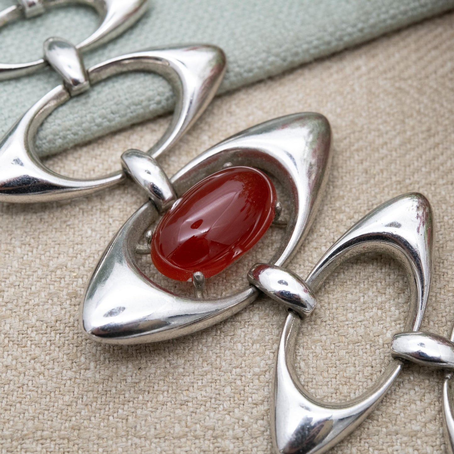Vintage Spanish Silver Modernist Open Panel Bracelet with Cabochon Red Stone