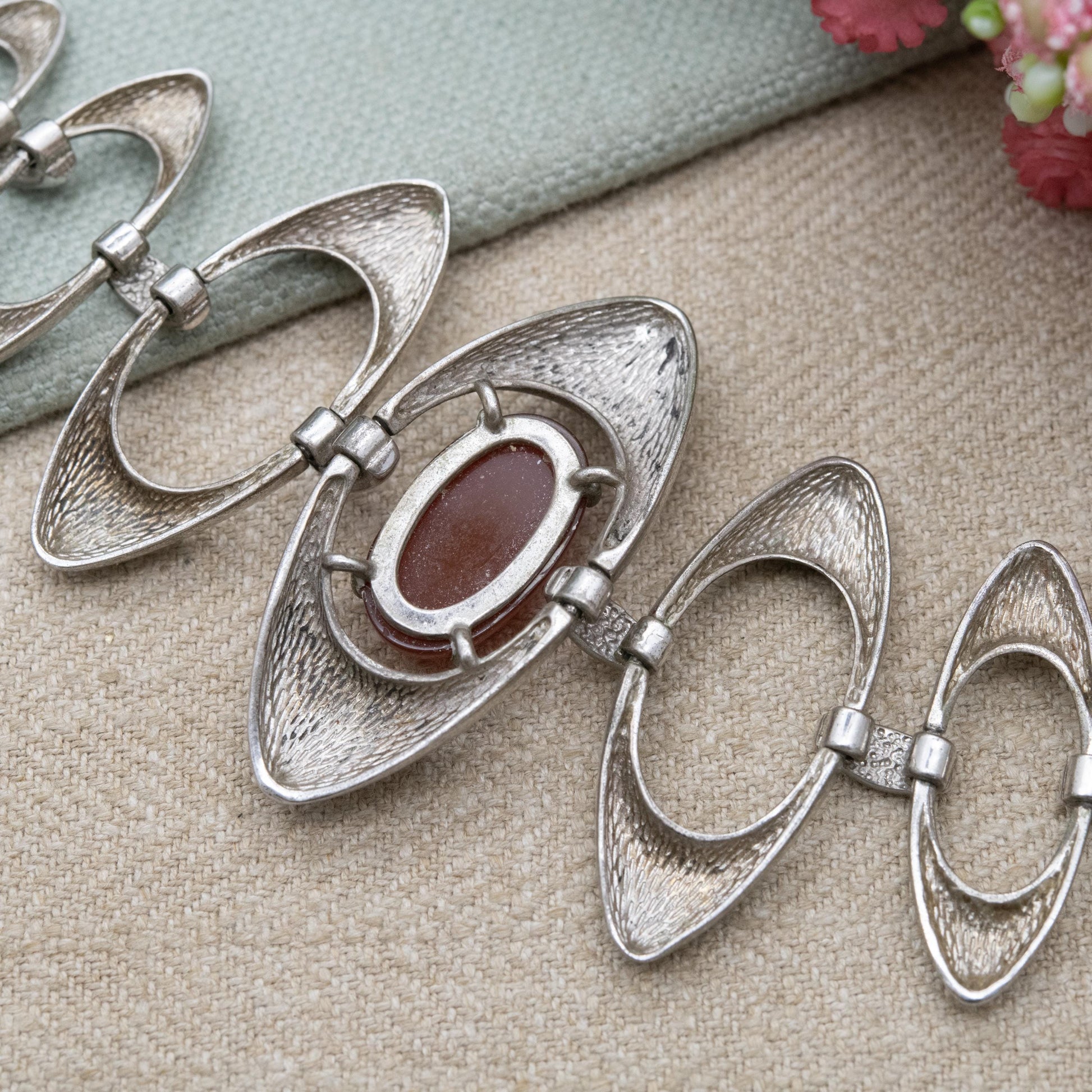 Vintage Spanish Silver Modernist Open Panel Bracelet with Cabochon Red Stone