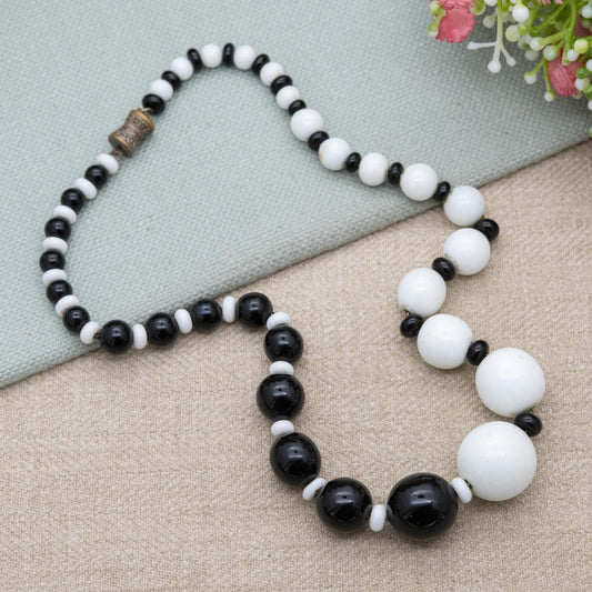 Antique Louis Rousselet French Art Deco Glass Bead Necklace c. 1920s - Made in France Black and White Graduated Beaded Necklace | 16"