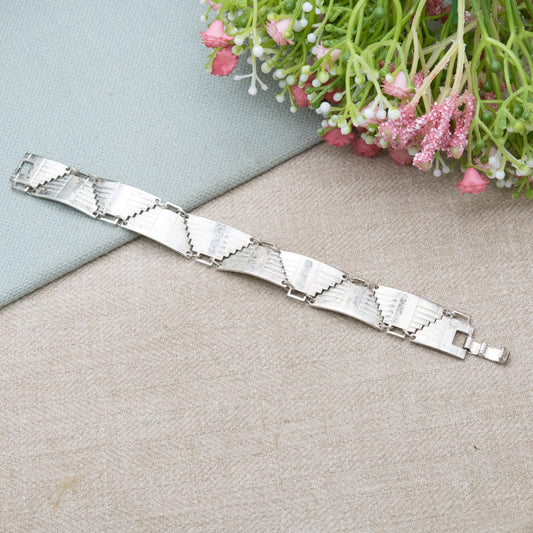 Vintage Mexican Sterling Silver Pyramid Panel Bracelet c. 1980s - Aztec Temple Design