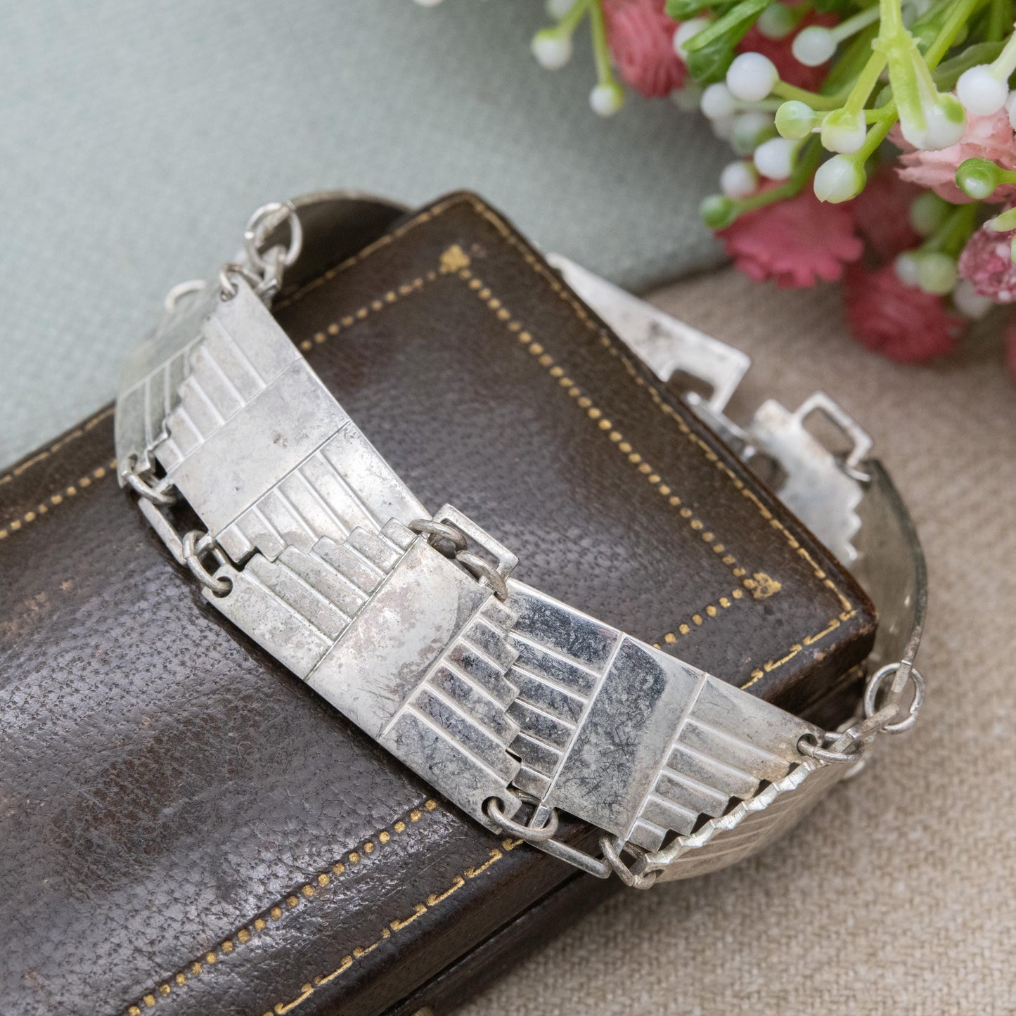 Vintage Mexican Sterling Silver Pyramid Panel Bracelet c. 1980s - Aztec Temple Design
