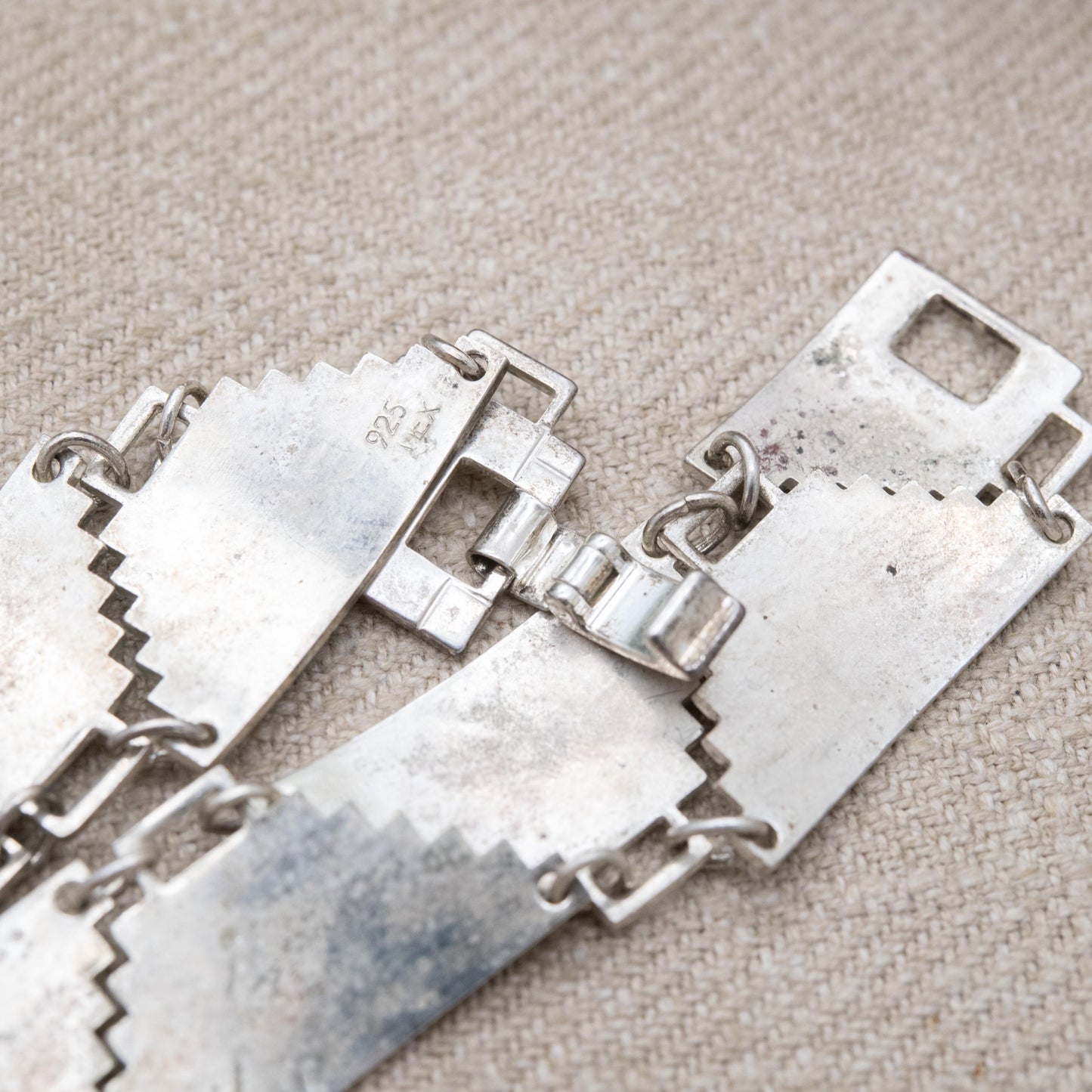 Vintage Mexican Sterling Silver Pyramid Panel Bracelet c. 1980s - Aztec Temple Design