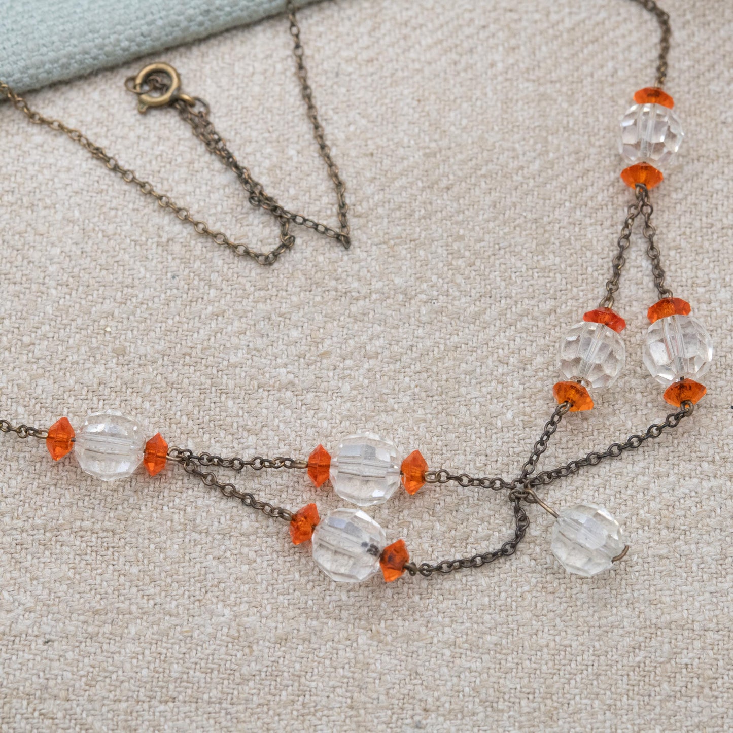 Antique Glass Bead Necklace with Faceted Clear and Orange Stones c. 1910s to 1930s