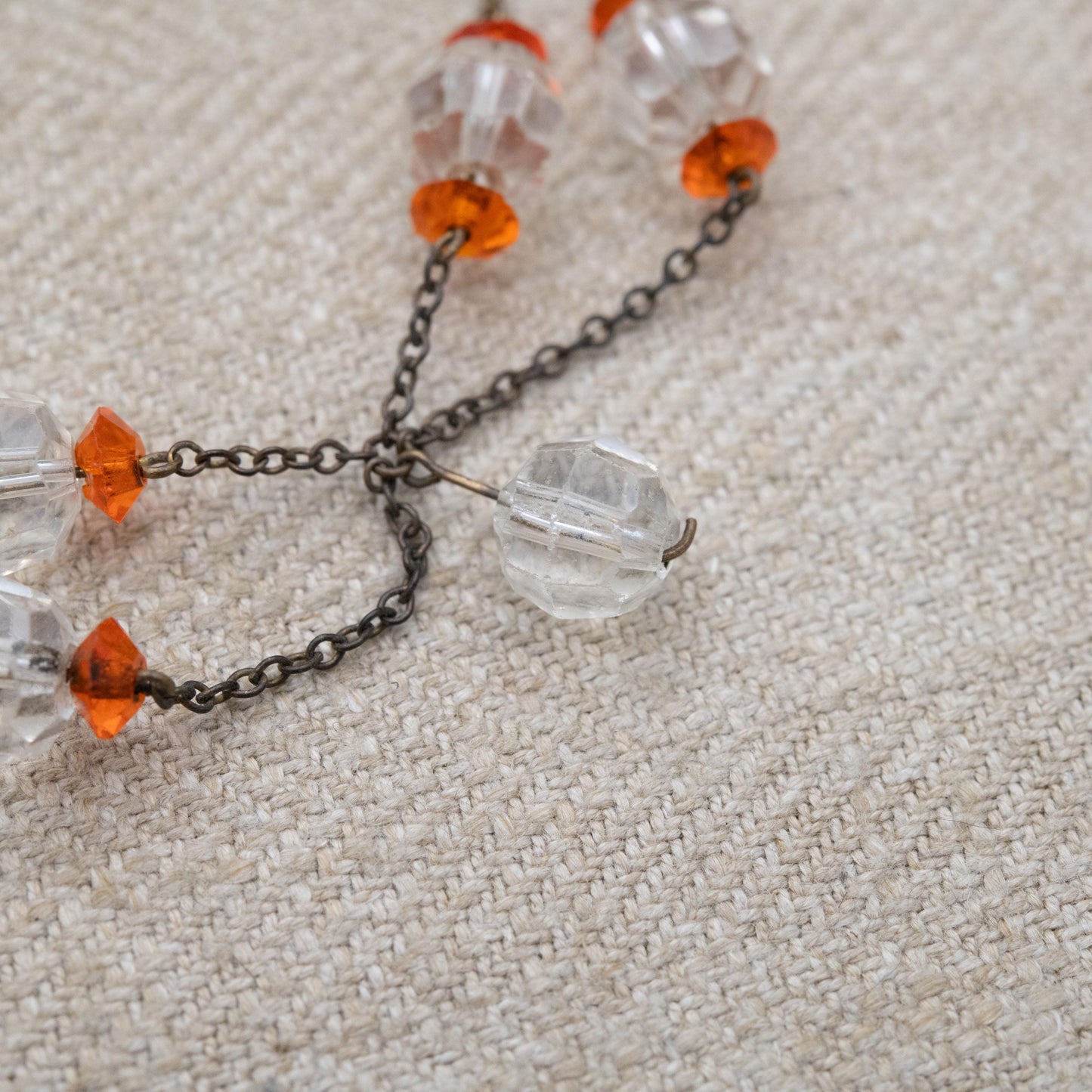 Antique Glass Bead Necklace with Faceted Clear and Orange Stones c. 1910s to 1930s