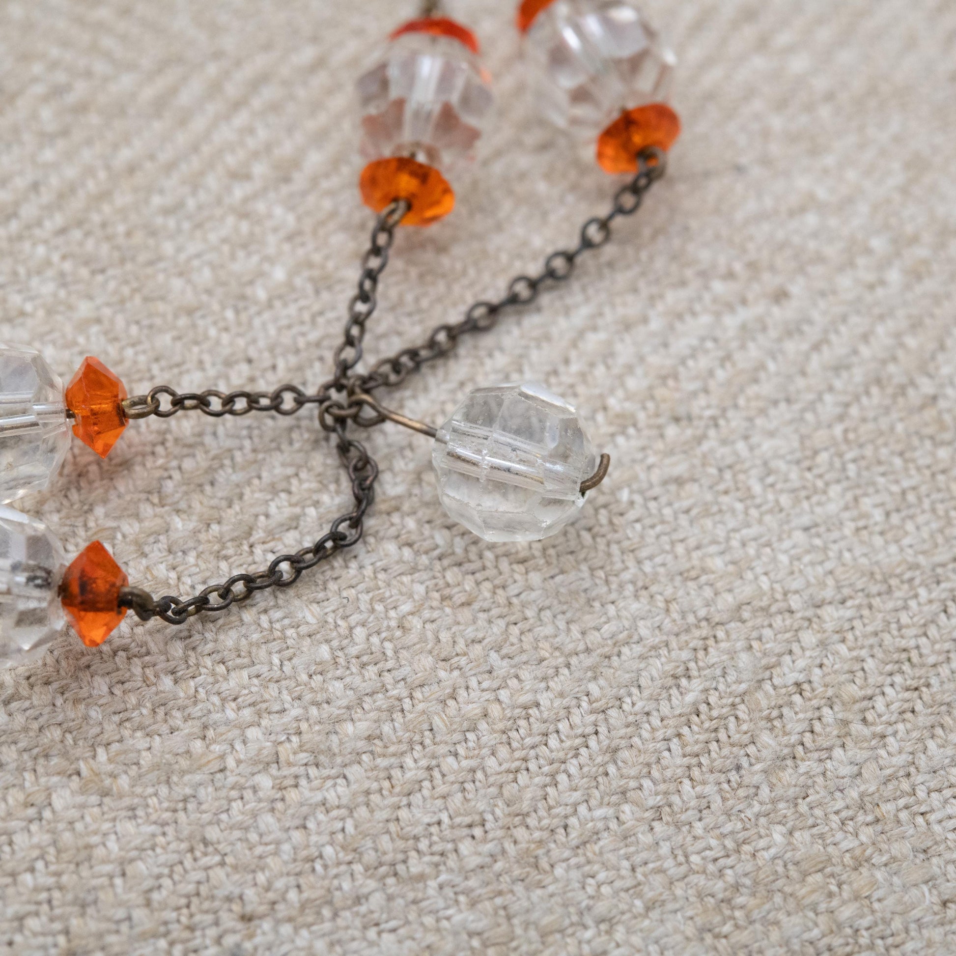 Antique Glass Bead Necklace with Faceted Clear and Orange Stones c. 1910s to 1930s