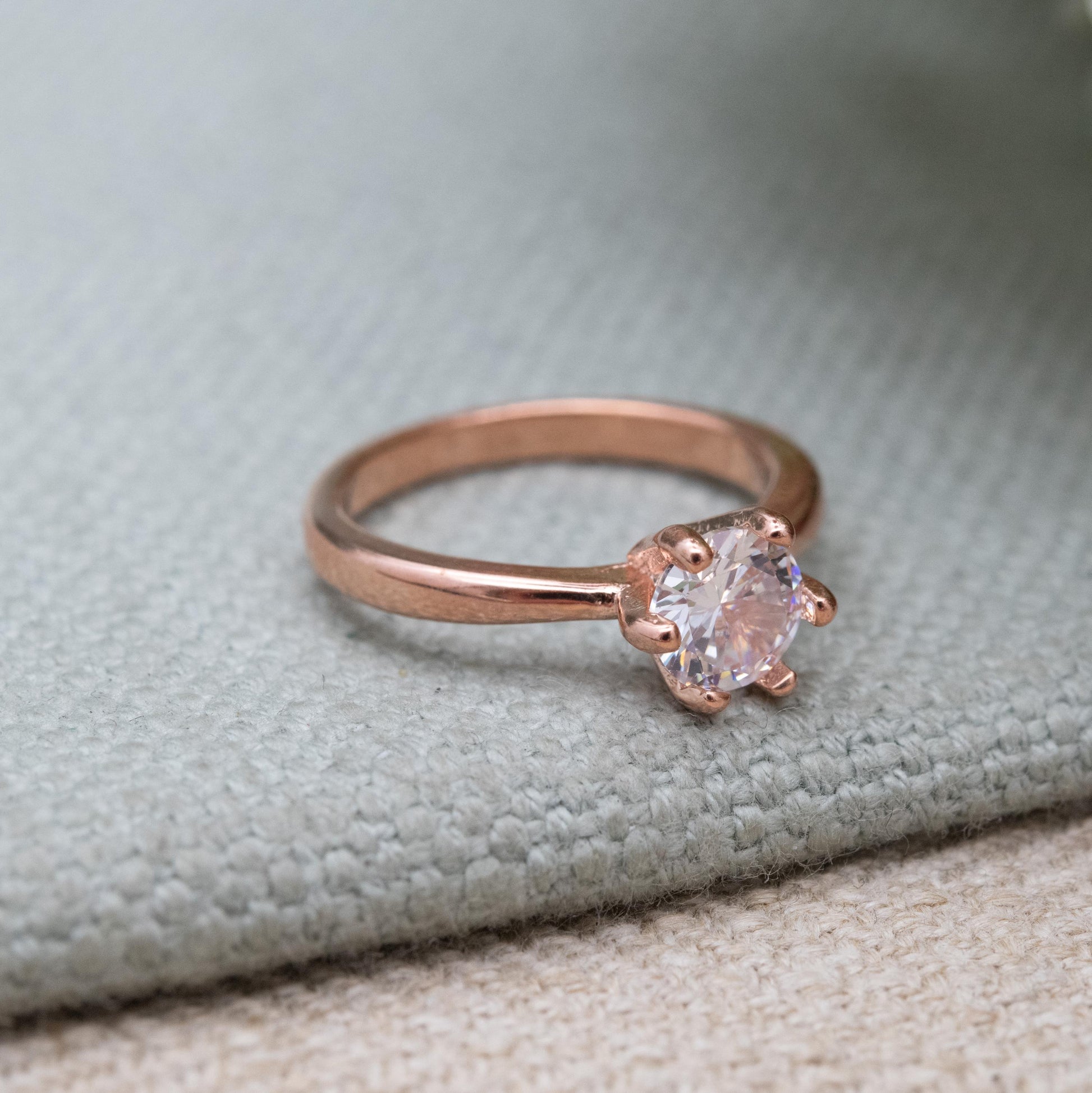 Rose Gold Plated Sterling Silver Solitaire Ring - Prong Set Sparkly Clear Stone | UK Size - J 1/2 | US Size - 5 1/4