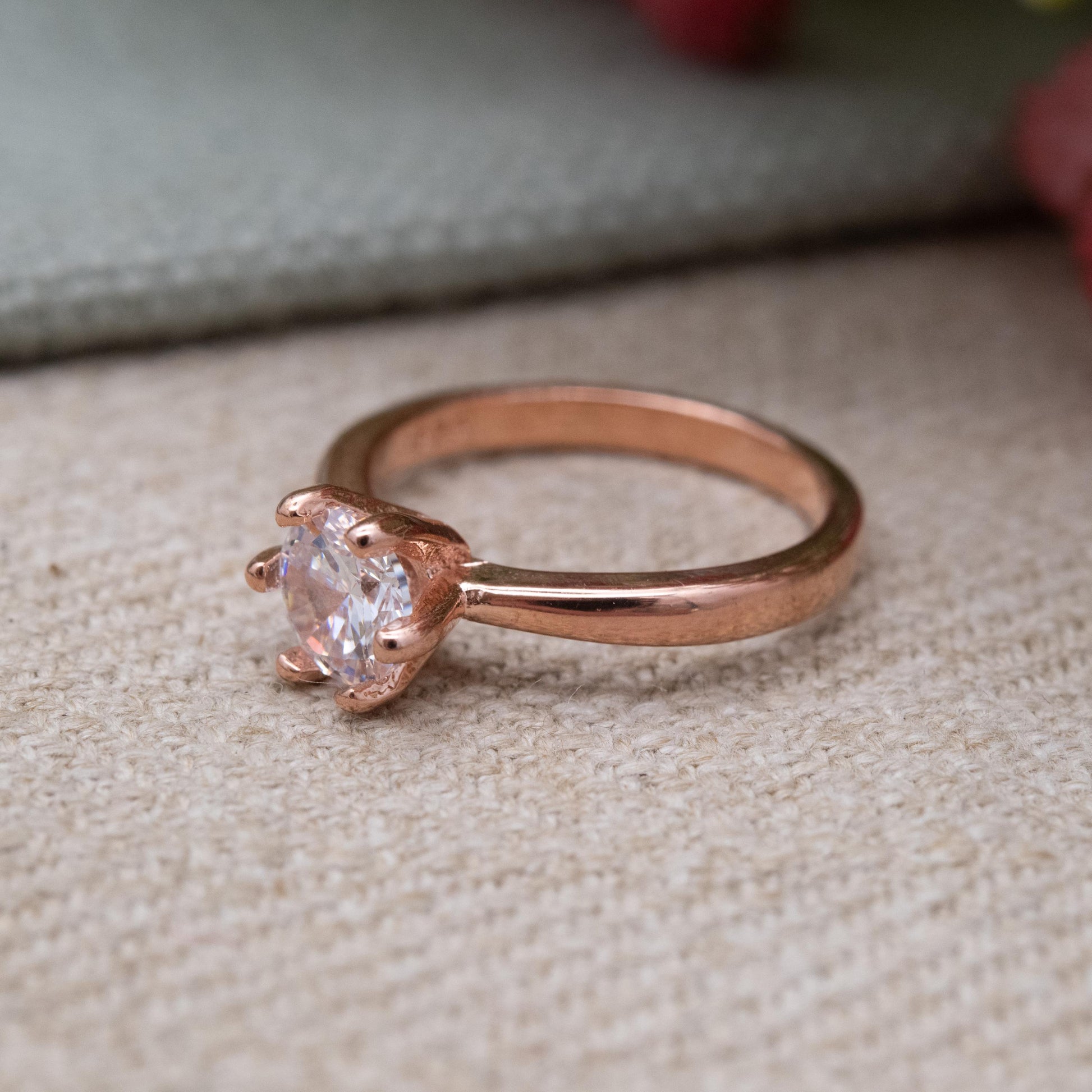 Rose Gold Plated Sterling Silver Solitaire Ring - Prong Set Sparkly Clear Stone | UK Size - J 1/2 | US Size - 5 1/4