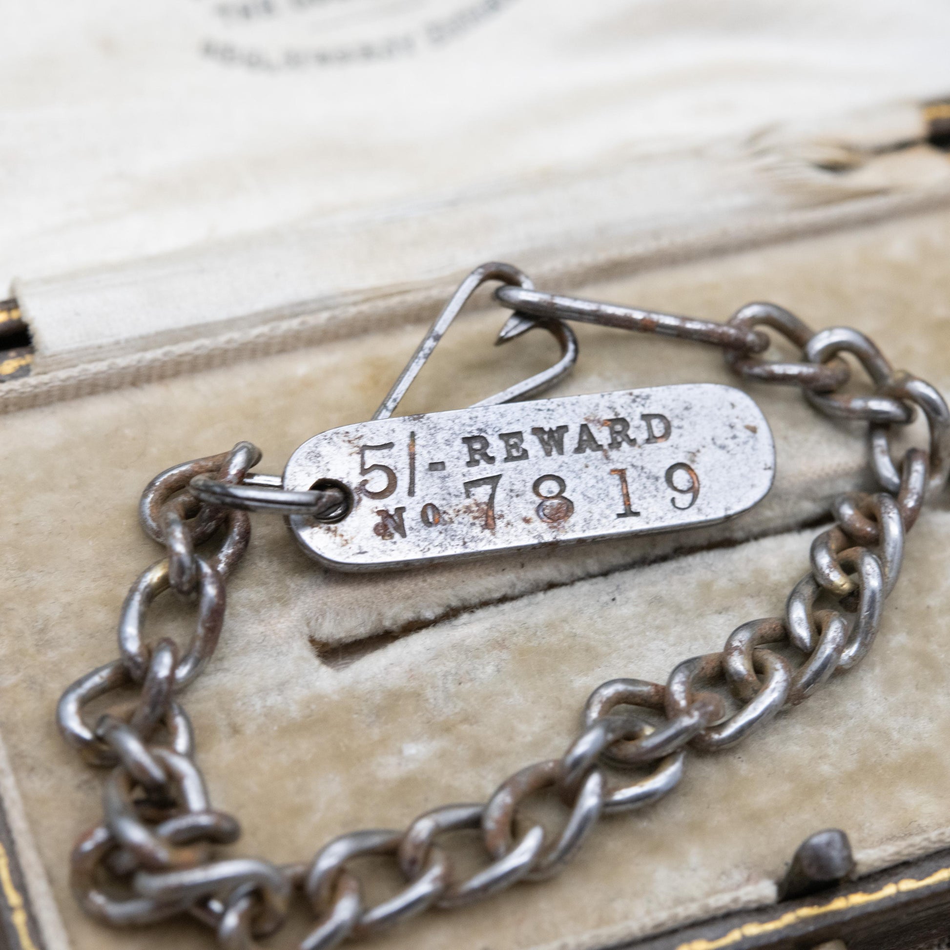Antique Lost Item 5 Shilling Reward Tag c. 1910s - 28 Finsbury Pavement London Key Ring