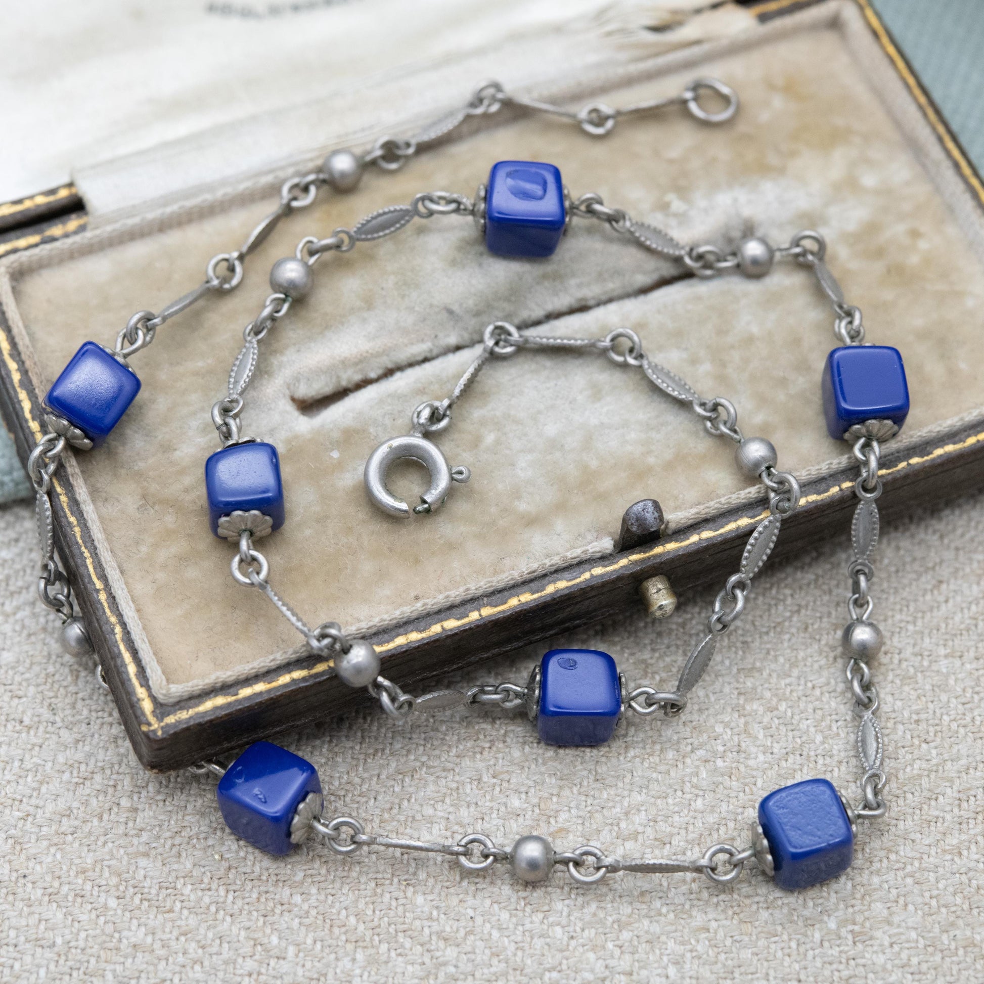 Vintage Art Deco Czech Blue Glass Necklace with Cube Beads c. 1930s - Choker Length 16"