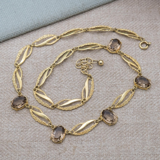 Vintage Kordes and Lichtenfels 14ct Rolled Gold Smoky Quartz Necklace - Mid-Century Textured Costume Jewellery German Designers K&L