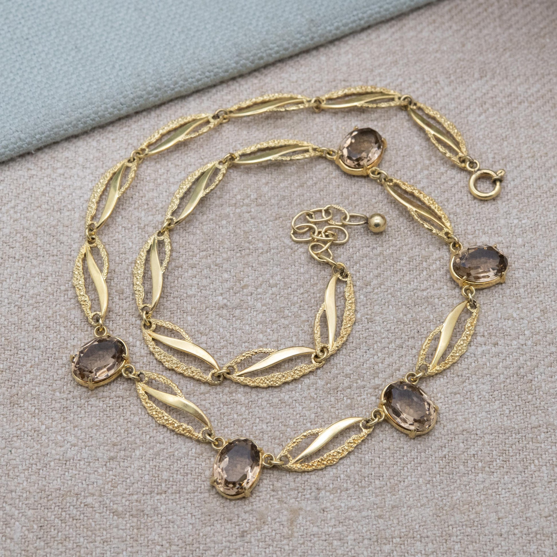 Vintage Kordes and Lichtenfels 14ct Rolled Gold Smoky Quartz Necklace - Mid-Century Textured Costume Jewellery German Designers K&L