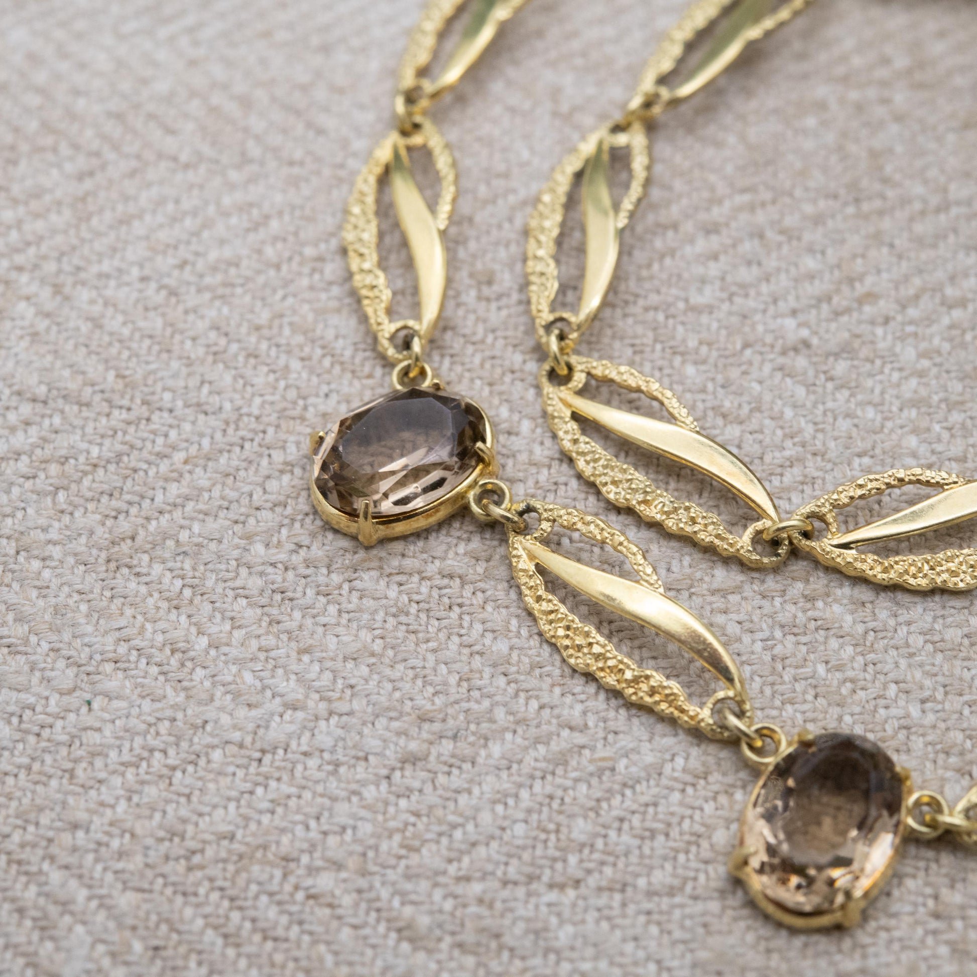 Vintage Kordes and Lichtenfels 14ct Rolled Gold Smoky Quartz Necklace - Mid-Century Textured Costume Jewellery German Designers K&L