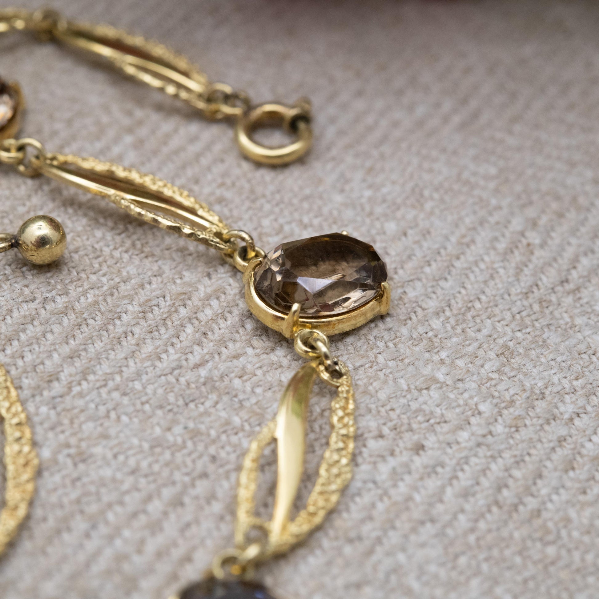 Vintage Kordes and Lichtenfels 14ct Rolled Gold Smoky Quartz Necklace - Mid-Century Textured Costume Jewellery German Designers K&L