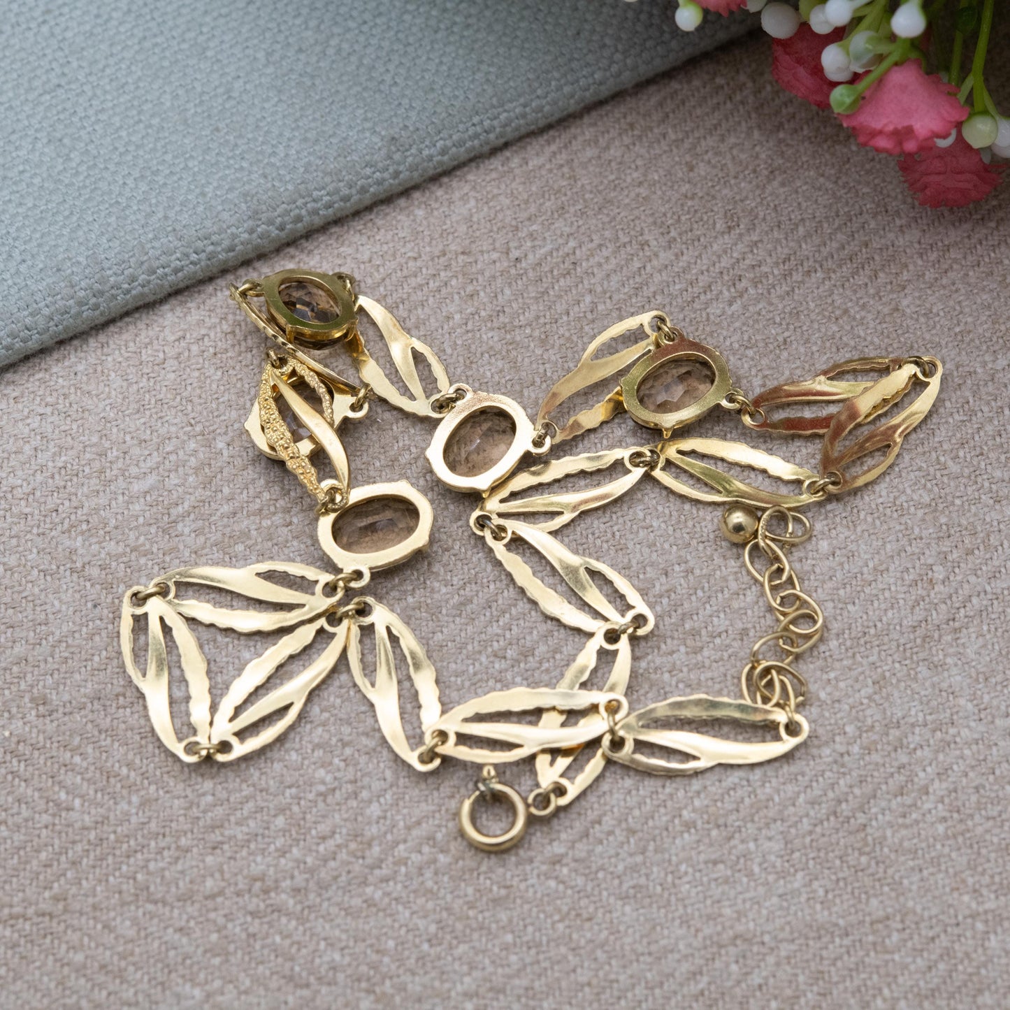 Vintage Kordes and Lichtenfels 14ct Rolled Gold Smoky Quartz Necklace - Mid-Century Textured Costume Jewellery German Designers K&L