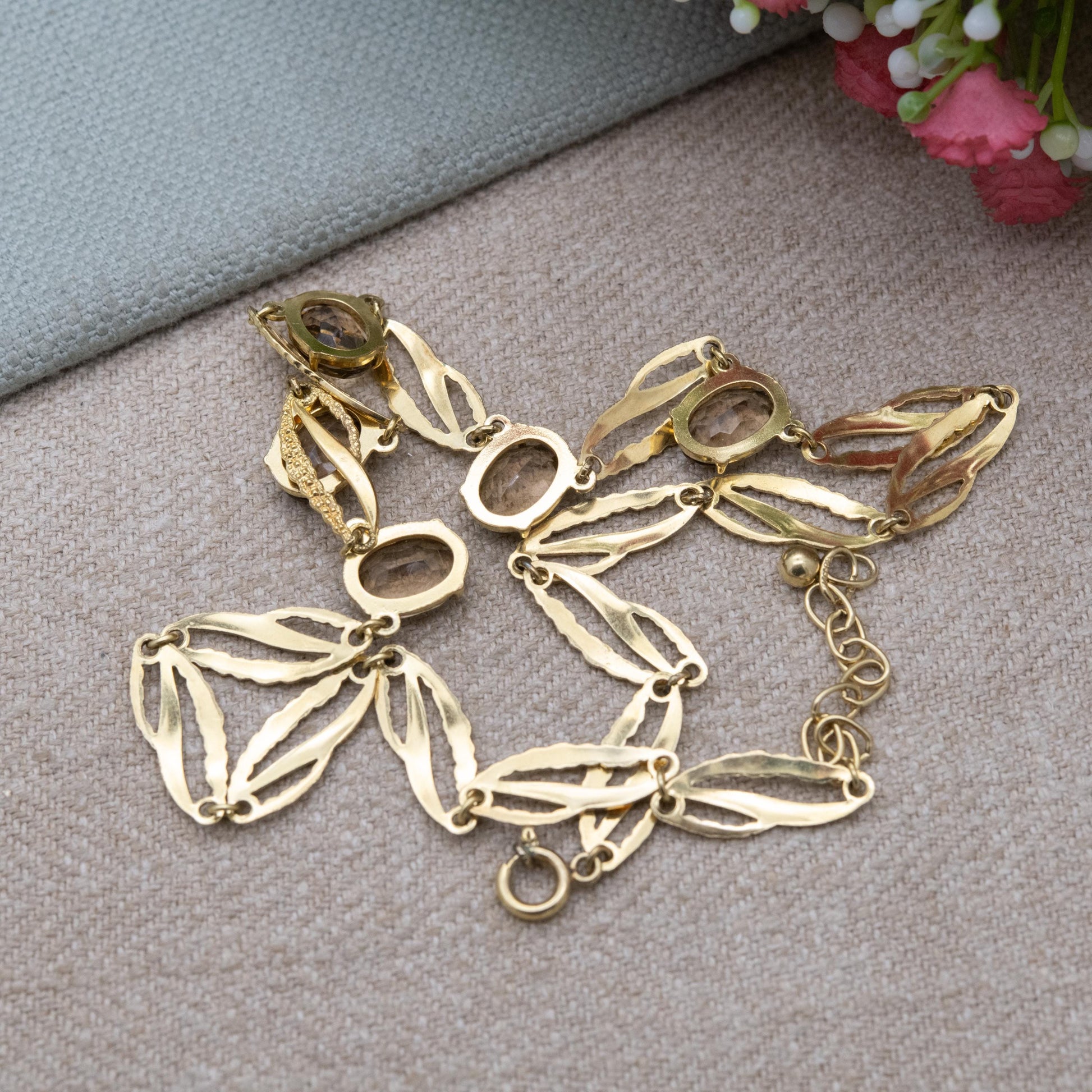 Vintage Kordes and Lichtenfels 14ct Rolled Gold Smoky Quartz Necklace - Mid-Century Textured Costume Jewellery German Designers K&L