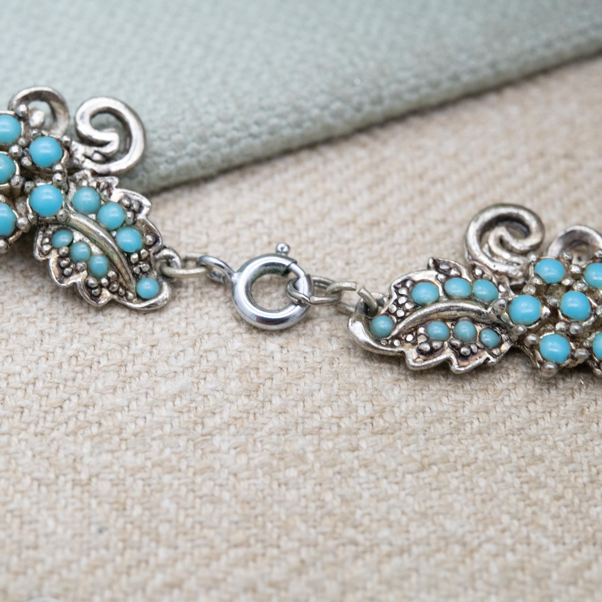 Vintage Faux Turquoise Choker Necklace c. 1950s - Silver Tone Blue Stones | 15"