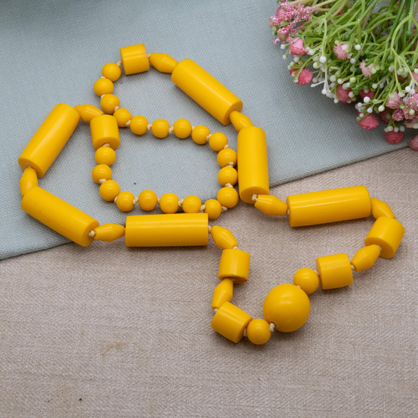 Vintage Yellow Lucite Bead Necklace c. 1960s - Long Egg Yolk Yellow Cylinder and Sphere Beads