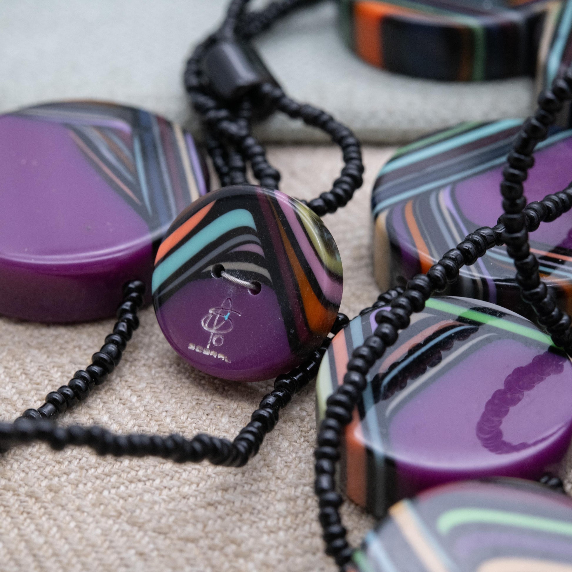 Sobral Purple Resin Swirl Necklace 48" - Signed Contemporary Designer