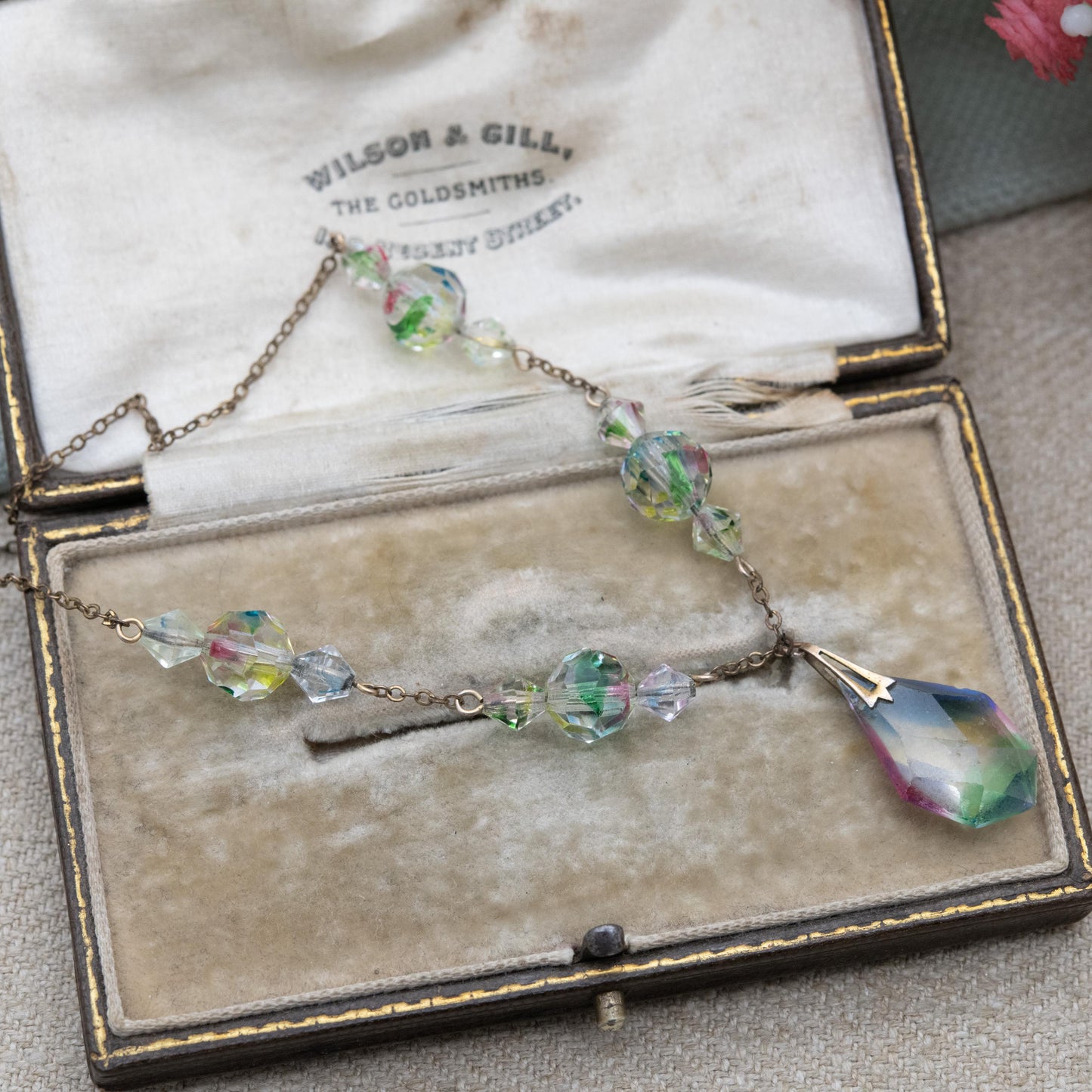 Antique Iris Glass Necklace c. 1910s - Art Deco Czech Rainbow Glass