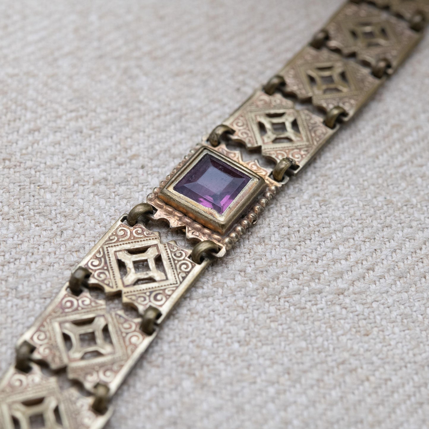 Antique Purple Paste Panel Bracelet with Cut Out Design c. 1900