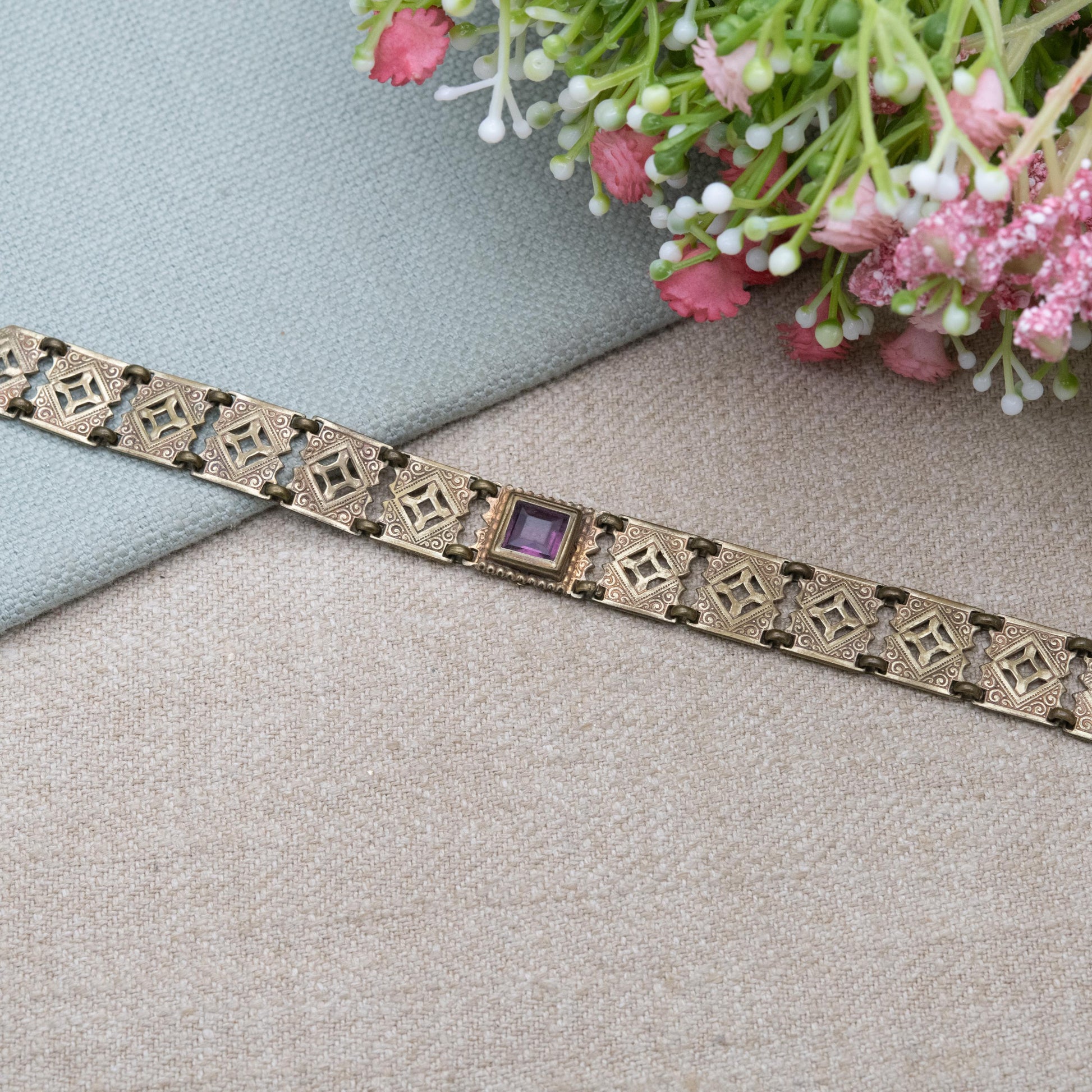 Antique Purple Paste Panel Bracelet with Cut Out Design c. 1900