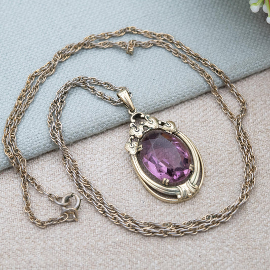 Vintage Oresto Gold Plated Pendant Necklace with Large Purple Paste Stone c. 1930s - Speidel Jewellery