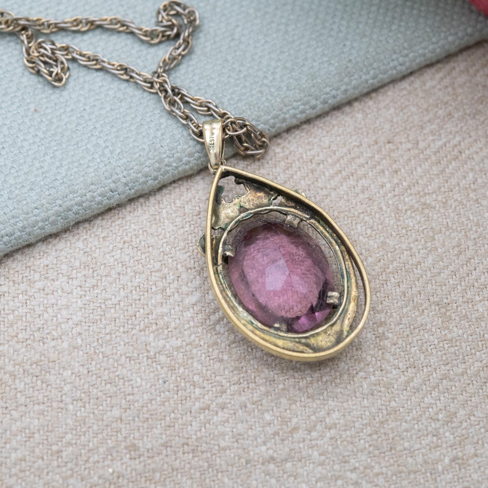 Vintage Oresto Gold Plated Pendant Necklace with Large Purple Paste Stone c. 1930s - Speidel Jewellery